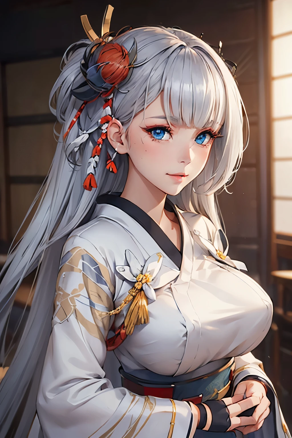 (paysage azur lane), (finely detailed eyes and detailed face:1.3), (extremely fine and beautiful:1.1), (Perfect details:1.1), (gros seins), ((haut du personnage)), Shoukaku, azur lane, white hair, long hair, ons side hair ornament, blue eyes, kimono, obi, geta,fingerless gloves