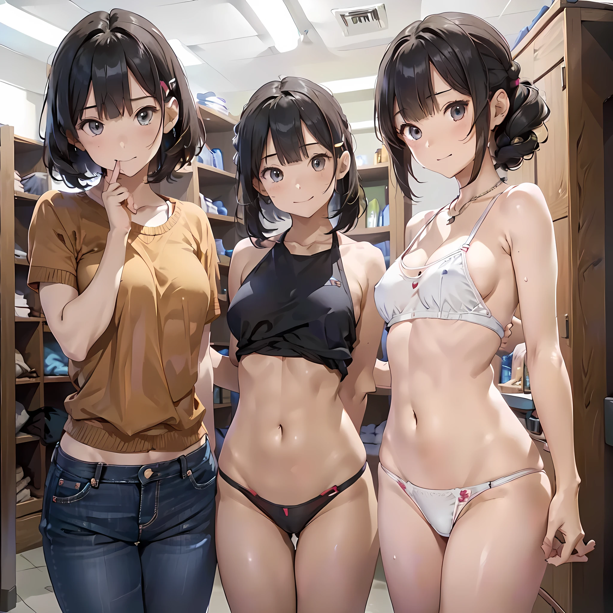 (masterpiece, best quality, ultra quality, high quality, hyper detailed, intricate detailed, perfect anatomy, shiny skin), ((body shot:1.2)), (3women are posing for a camera), (In the school changing room), slender, happy、fun、(Laughing with your mouth open:1.2), brown hair, blond hair, silver hair, navel, jewelry, looking at viewer, necklace, long hair, short hair, Abdominal muscles, (Thong:1.2),straight hair, bob cut, blunt bangs, silky hair, hair clip, hair band, hair ribbon, one-length haircut, ducktail, outward curled hair, French twist hair, twintails, side ponytail, single braid, wavy hair,