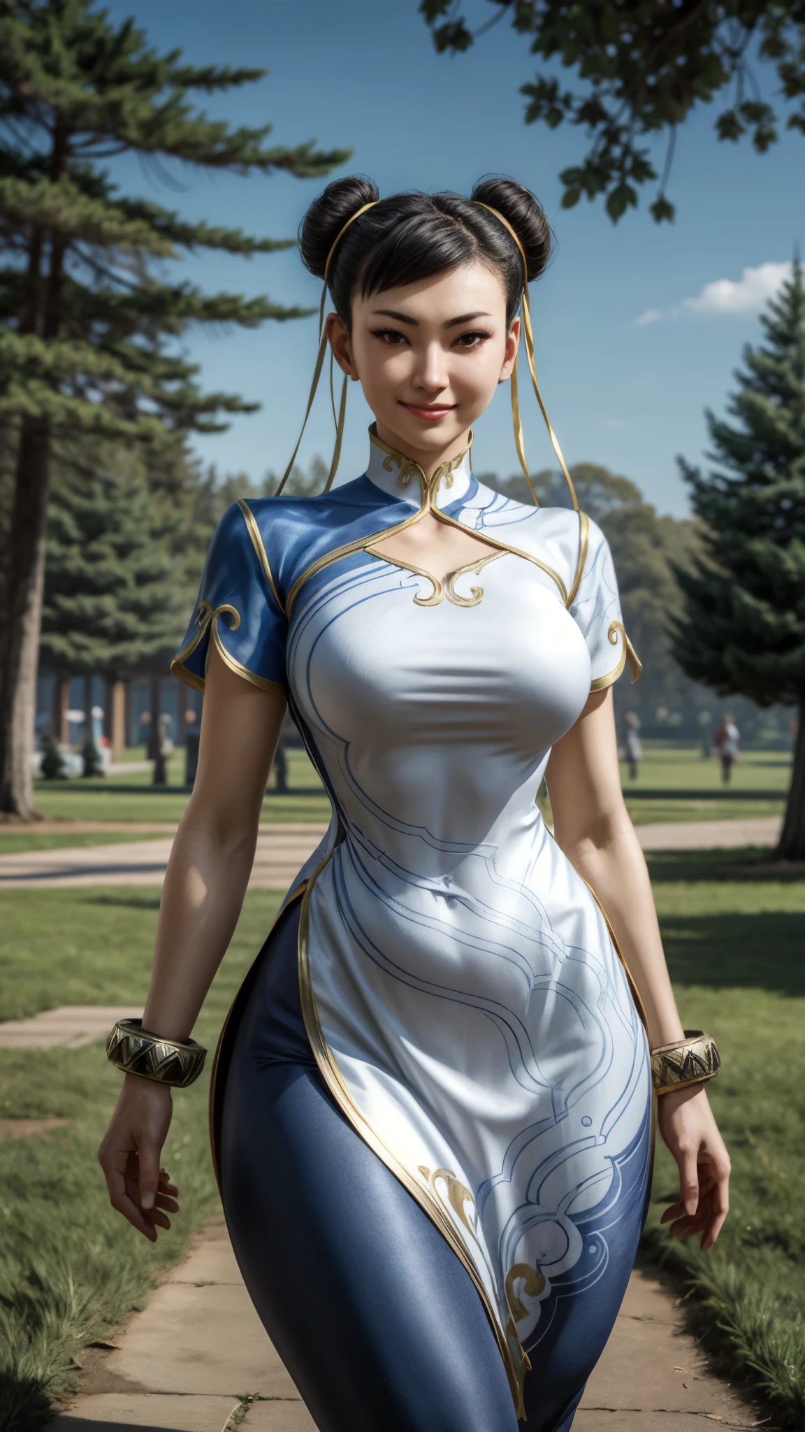 chunli, double bun, ribbons, china dress, gold-trim, bracelets, leggings, looking at viewer, serious, smiling, standing, outside, park, grass, trees, winter, blue sky, high quality, masterpiece,  thick thighs, curvy hips, Large breasts 