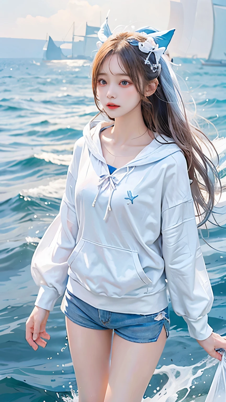 In the clear blue sea、Wearing a white hoodie fluttering in the wind、A woman wearing shorts、standing on the waves。Her hair is long、Shine white、Swaying in the waves。Red eyes
