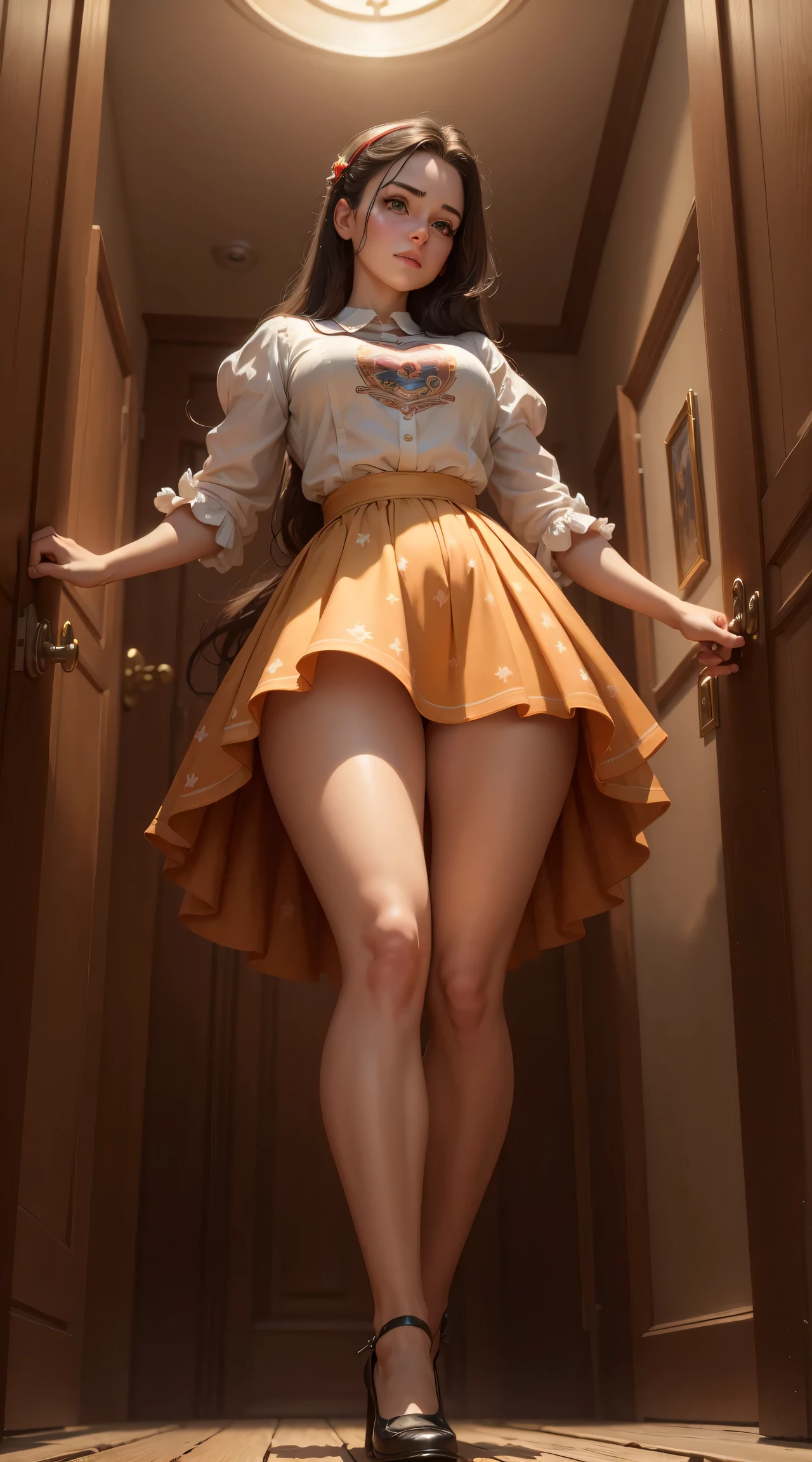 (((masterpiece, best quality)))), Disney female character standing with spreaded legs, low camera angle, from below, 30 years old woman