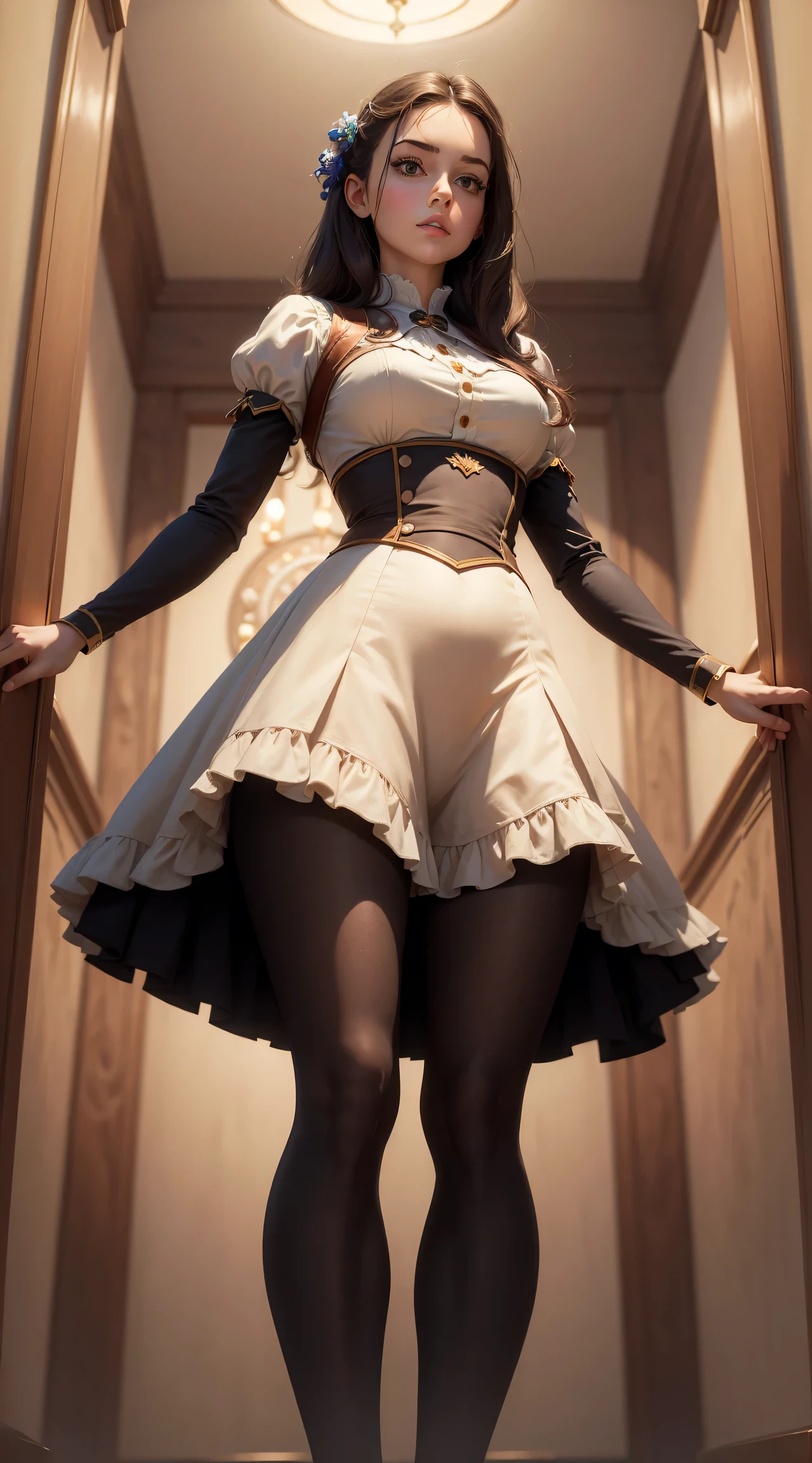 (((masterpiece, best quality)))), Disney female character standing with spreaded legs, low camera angle, from below, 30 years old woman
