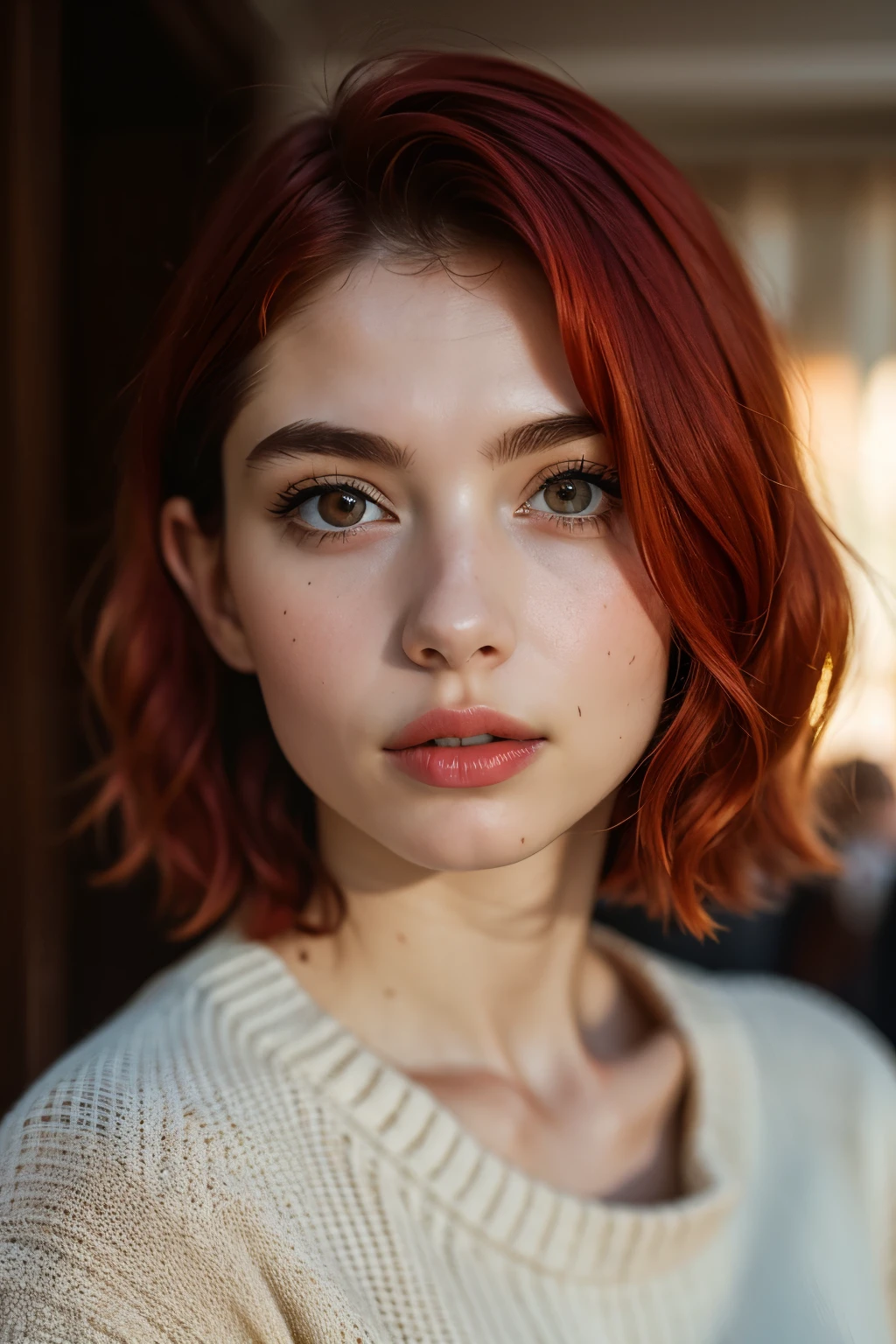 Instagram photo, French woman, 21 years old, square haircut, red hair, close-up portrait, sweater, neckline, pallor, sharp shadows