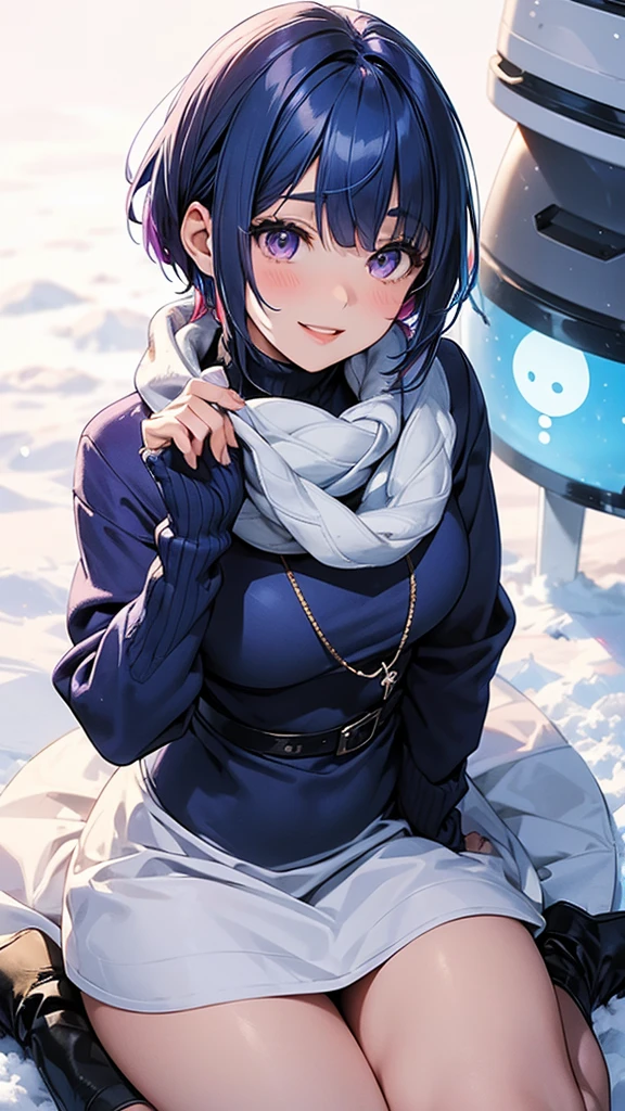 1girl, bangs, blue hair, multicolored hair, necklace, parted lips, purple eyes, short hair, smile, solo, blue turtleneck dress, blue stockings, blue snow boots, blue mittens snowy background, snowman in the background, cold breath 