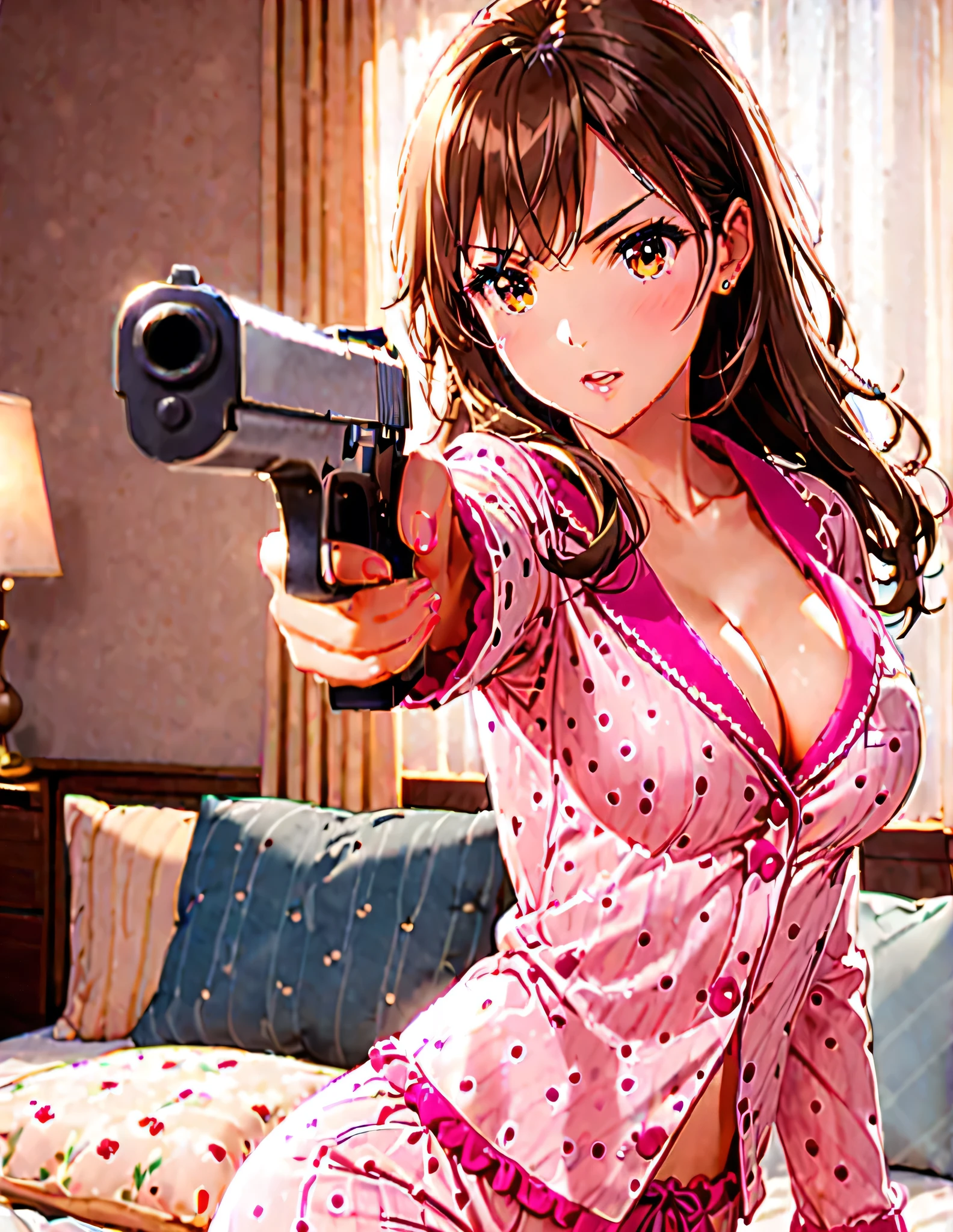 gorgeous, cozy pajama, bright room, comfortable bed, lovely pillow, warm lighting, aiming pistol , cleavage, stunning body