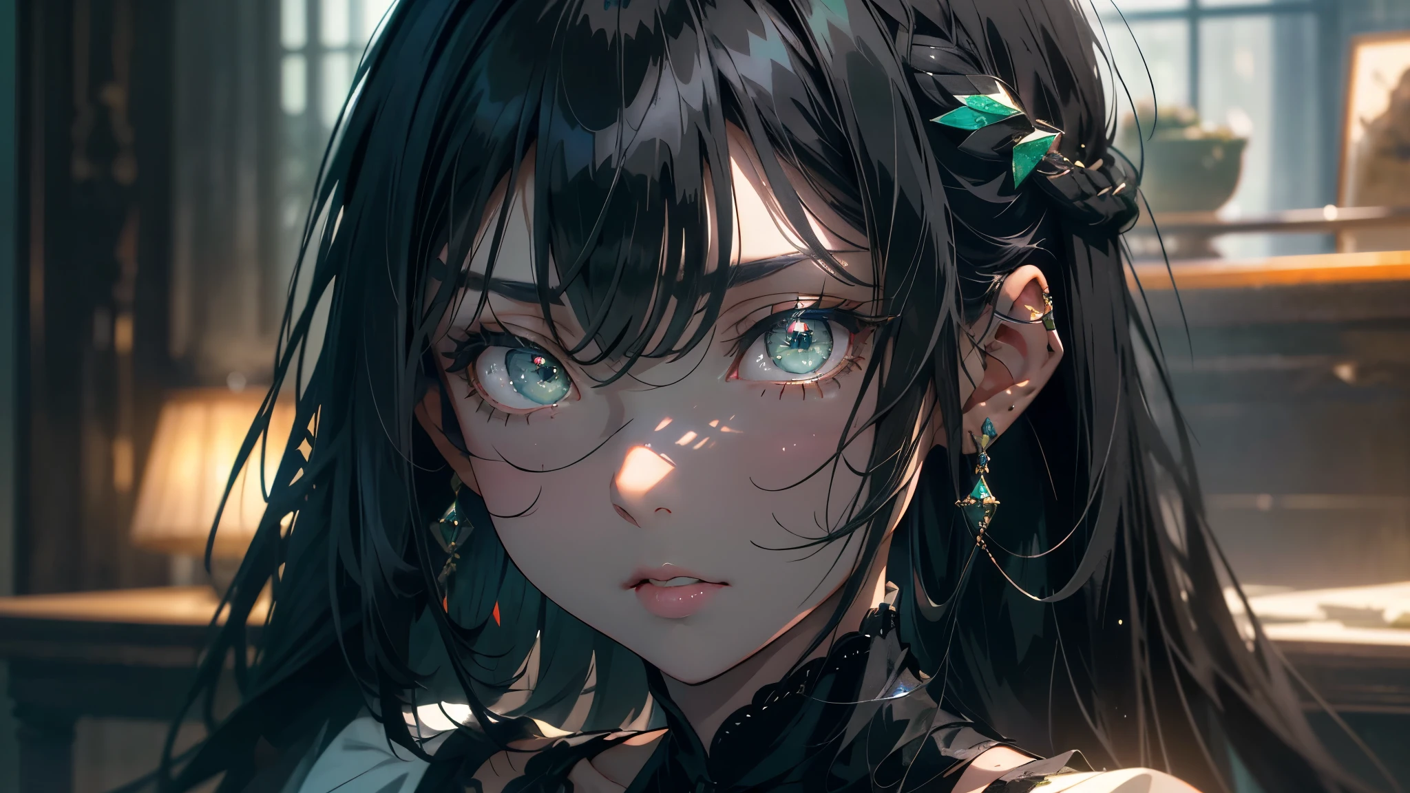 Mature girl , green eyes, black hair (seperated blue straight bangs), medium length hair, delicate and smart eyes, intricate , gorgeous accessories, wearing peircings, fov, masterpiece, wolfcut, cute, (heavily ultra detailed)
