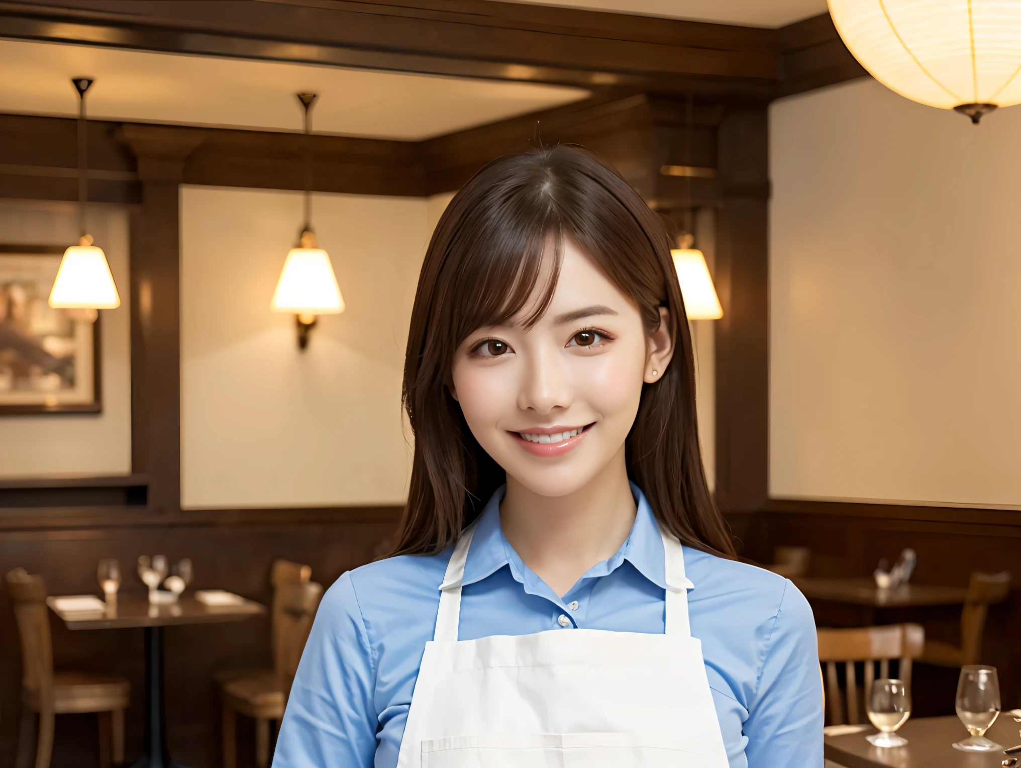 (highest quality、Tabletop、8k、Best image quality、Award-winning works)、Woman working in a café、(The perfect brown apron:1.2)、(Standing elegantly in a cafe:1.1)、(A classy shirt and apron:1.1)、(Big Breasts:1.1)、(Accentuate your body lines:1.1)、Beautiful woman portrait、The most elegant and cozy cafe、The most natural cafe, Perfectly organized、(The moodiest warm lighting:1.1)、(The most romantic atmosphere:1.1)、Stylish and elegant cafe、Strongly blurred background、Look at me and smile、(Accurate anatomy:1.2)、Ultra high resolution perfect beautiful teeth、Ultra-high definition beauty face、Ultra HD Hair、Ultra HD The Shining Eyes、The Shining, Super high quality beautiful skin、Super high quality glossy lip