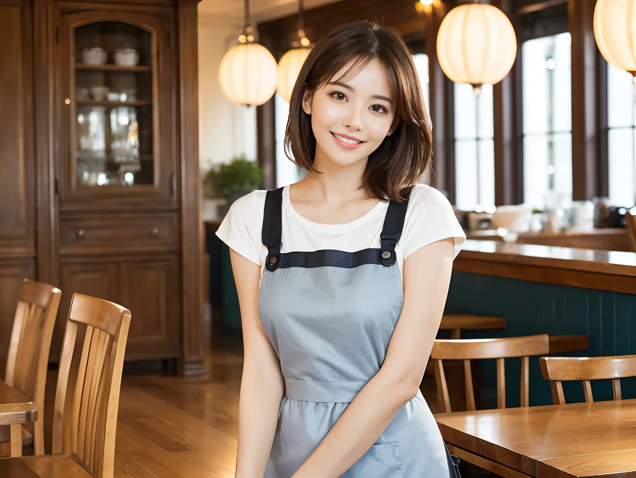 (highest quality、Tabletop、8k、Best image quality、Award-winning works)、Woman working in a café、(The perfect brown apron:1.2)、(Standing elegantly in a cafe:1.1)、(A classy shirt and apron:1.1)、(Big Breasts:1.1)、(Accentuate your body lines:1.1)、Beautiful woman portrait、The most elegant and cozy cafe、The most natural cafe, Perfectly organized、(The moodiest warm lighting:1.1)、(The most romantic atmosphere:1.1)、Stylish and elegant cafe、Strongly blurred background、Look at me and smile、(Accurate anatomy:1.2)、Ultra high resolution perfect beautiful teeth、Ultra-high definition beauty face、Ultra HD Hair、Ultra HD The Shining Eyes、The Shining, Super high quality beautiful skin、Super high quality glossy lip