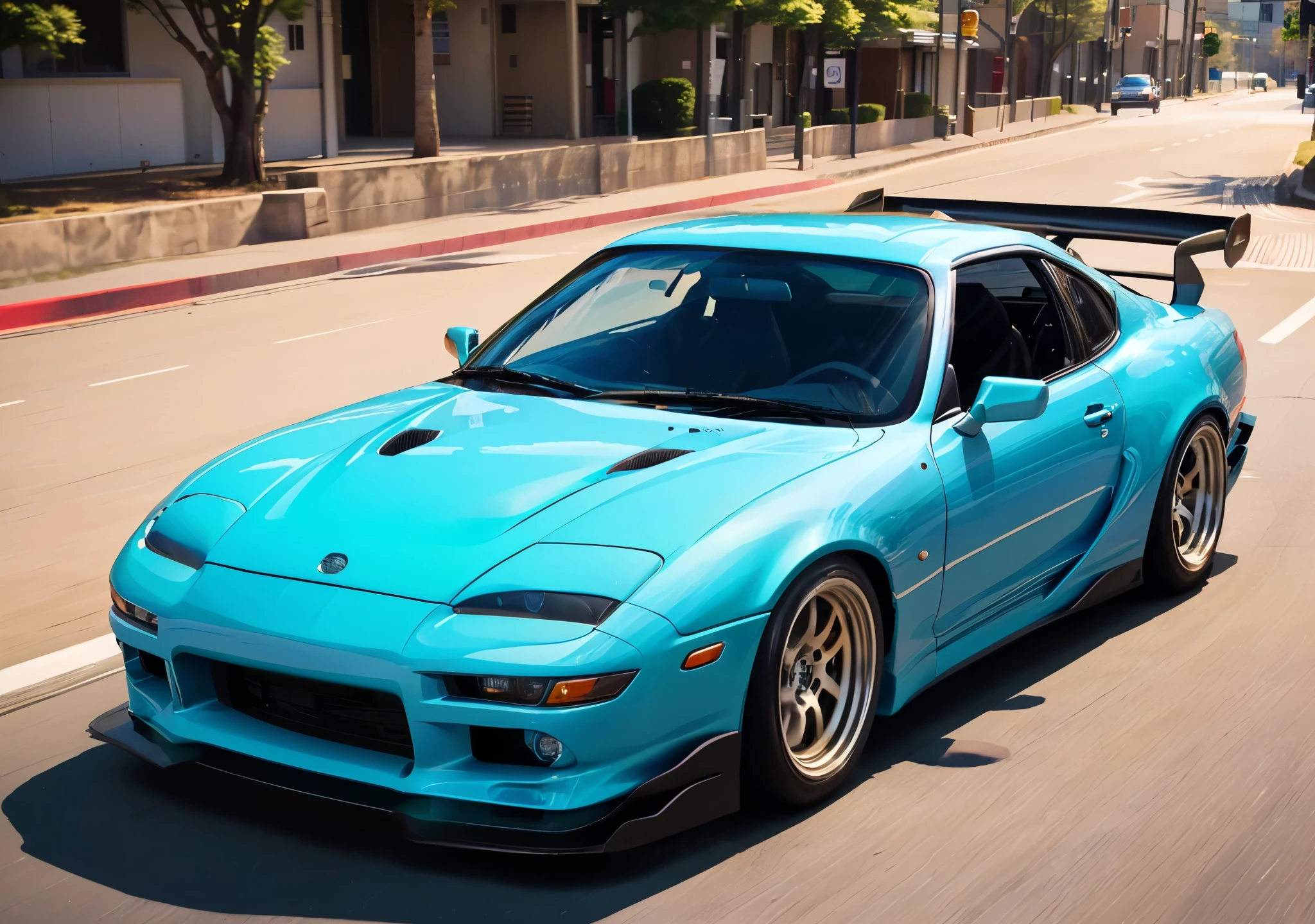 arafed blue car driving down a street with a city in the background, japanese drift car, toyota supra, realistic cars, miura kentaro style, wide body, drifting around a corner, car drifting, inspired by Kentaro Miura, fine tuned, initial d anime 1 0 8 0 p, kentaro miura style, jdm, realistic paint job