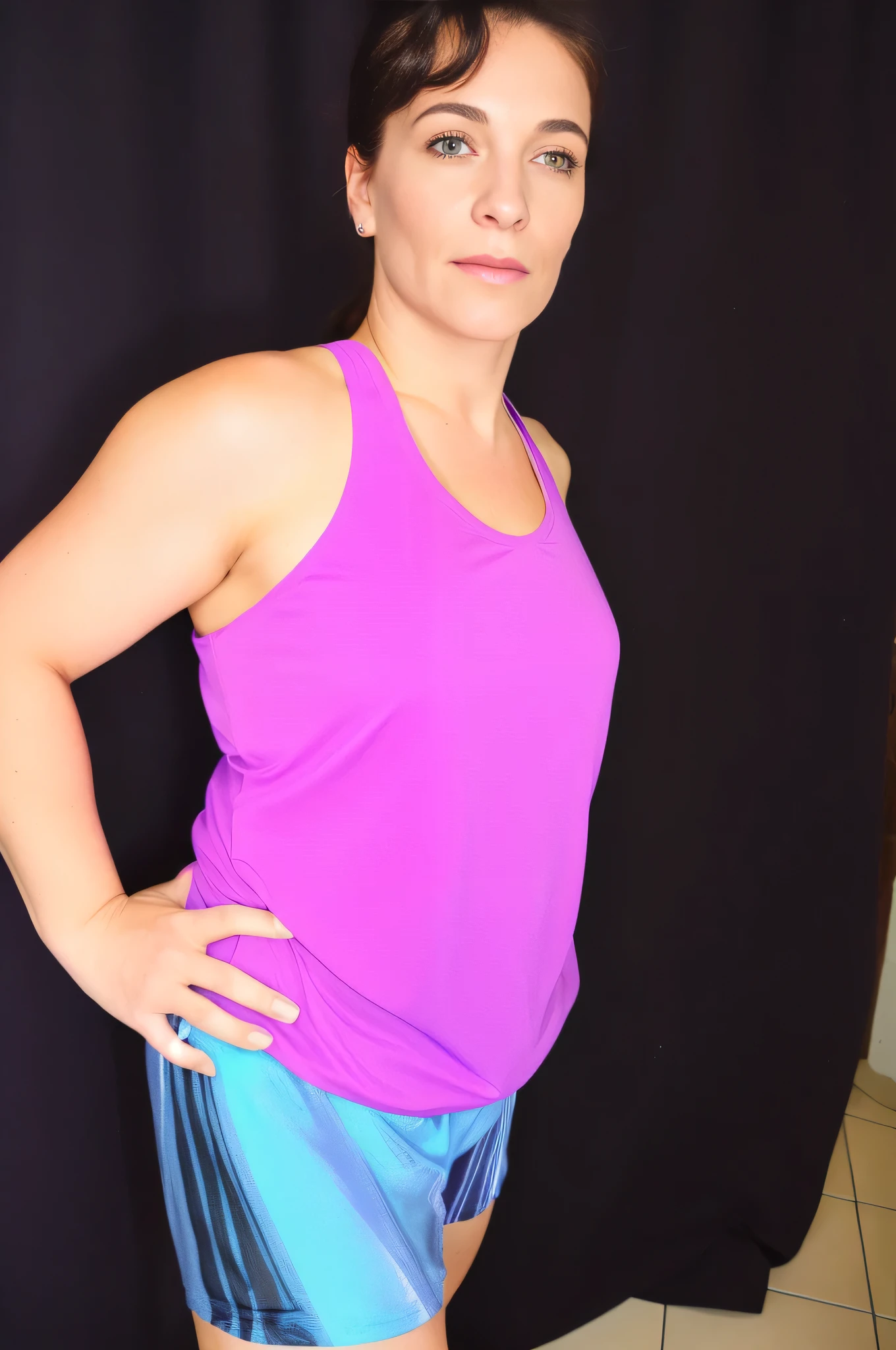 Woman in a purple tank top and blue shorts in front of a black curtain, arms to the side, arms behind the back, left arm and back lowered, insect forearms bent, side pose, shoulders hunched, muscles swollen, shoulder showing from behind, photo taken from behind, toned arms, 3/4 side view, flexing big muscles, doing sassy pose, 40 year old woman, full body sarcastic pose, photo shoot, lewd pose. Shapely woman in purple top and blue shorts posing for a photo, arms to the side, half-length photo, tight photo, half-length photo, half-length photo, violet tight top, half-body close-up, portrait photo of full body, full body and headshot, full body photography, centered full body photo, 40 year old woman, 4k, portrait photo, light violet tank top, profile photo, sweaty face, 3/4 solo portrait, photo suitable, black background. She is wearing a vibrant pink-purple sports tank top and mixed shorts (((blue-gray-green-black))), suggesting an active lifestyle or athletic attire for working out. Sharp photo, high quality, high resolution (ultra quality masterpiece), Ultra HD, high contrast, 16K. Masterpiece: 1.3, high resolution, (photographically realistic), NUDE, NUDITY, NFSW.