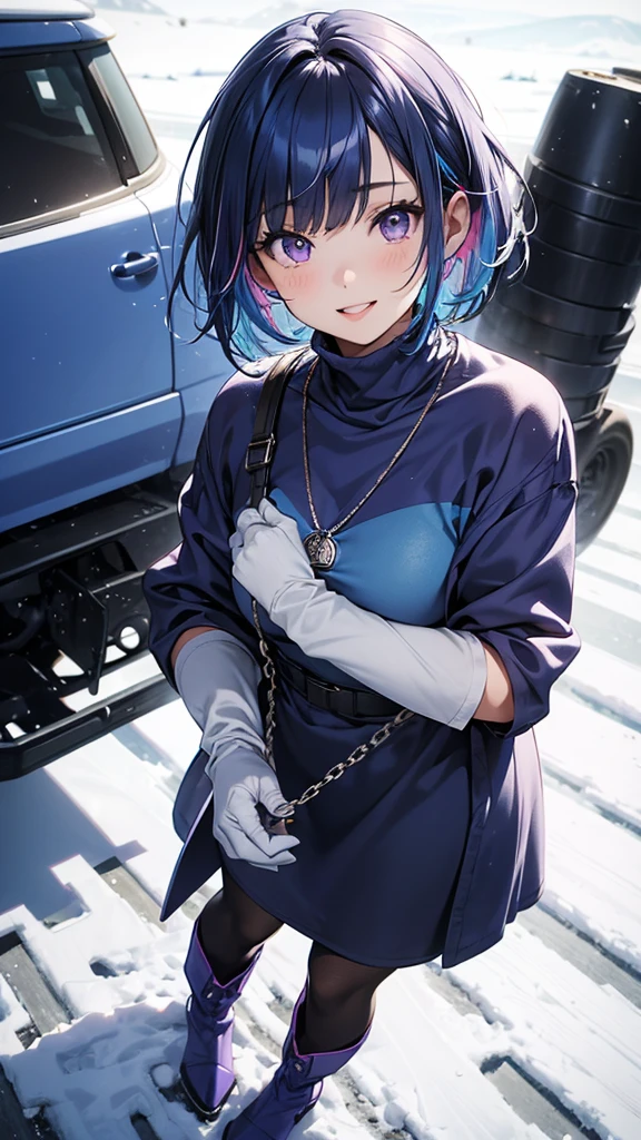 1girl, bangs, blue hair, multicolored hair, necklace, parted lips, purple eyes, short hair, smile, solo, blue turtleneck dress, blue stockings, blue snow boots, blue mittens snowy background, cold breath