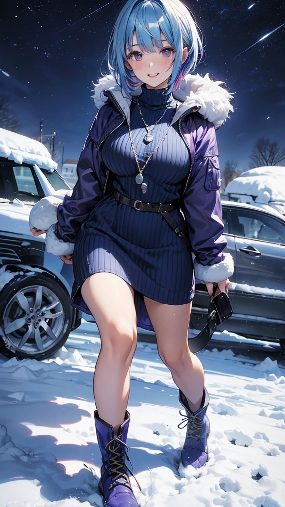 1girl, bangs, blue hair, multicolored hair, necklace, parted lips, purple eyes, short hair, smile, solo, blue turtleneck dress, blue stockings, blue snow boots, blue mittens snowy background, cold breath 