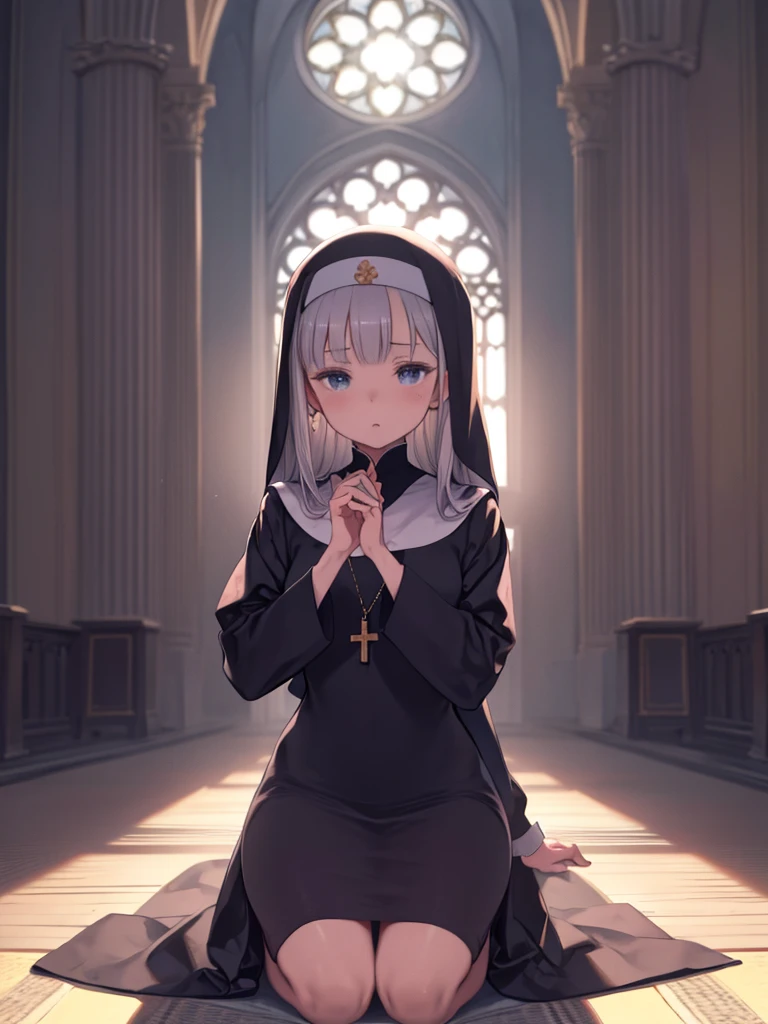 ステンドグラスのある教会に座っているNunsの衣装を着た女性、(highest quality, 4K, 8k, High resolution, masterpiece:1.2), Very detailed, Nuns, prayer, Beautiful fine details, Beautiful lip detail, Very detailedな目と顔, Long eyelashes, Calm expression, Soft lighting, Religious atmosphere, Rosary, Fingertips touch, Sacred Sun, Sacred Space, Soft sunlight shining through stained glass, Angelic Being, Solemn ceremony, Kneel, landscape, Full body portrait, Faith and dedication, The tranquility of the monastery.