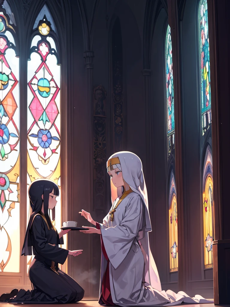 ステンドグラスのある教会に座っているNunsの衣装を着た女性、(highest quality, 4K, 8k, High resolution, masterpiece:1.2), Very detailed, Nuns, prayer, Beautiful fine details, Beautiful lip detail, Very detailedな目と顔, Long eyelashes, Calm expression, Soft lighting, Religious atmosphere, Rosary, Fingertips touch, Sacred Sun, Sacred Space, Soft sunlight shining through stained glass, Angelic Being, Solemn ceremony, Kneel, landscape, Full body portrait, Faith and dedication, The tranquility of the monastery.
