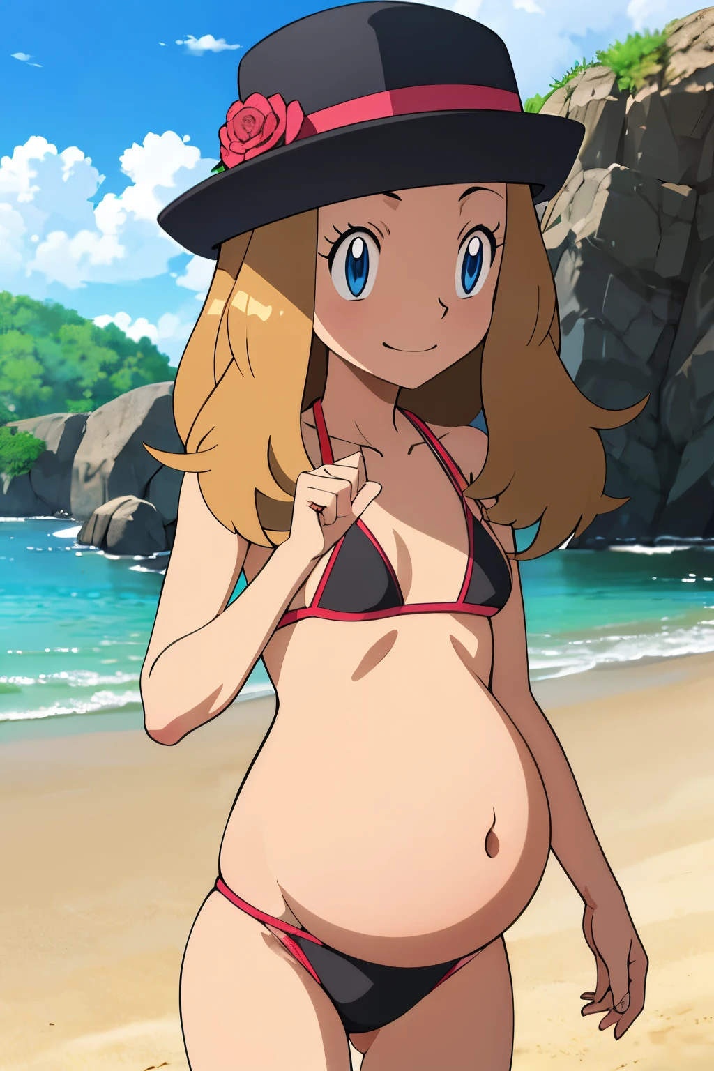 obra maestra, Mejor calidad, high resolution, al aire libre, 1 chica, Solo, serena (pokemon), sombreros rosas, bikini, microbikini, bikini negro, ropaajustada,, hombros descubiertos, mirando al espectador, embarazada, pregnant, sonrisa timida, rubor, senos medianos, pechos femeninos, sonrisa, manos en las caderas, de perfil, cuerpo de lado, acostada en la arena, lentes de sol, playa, fondo de playa.