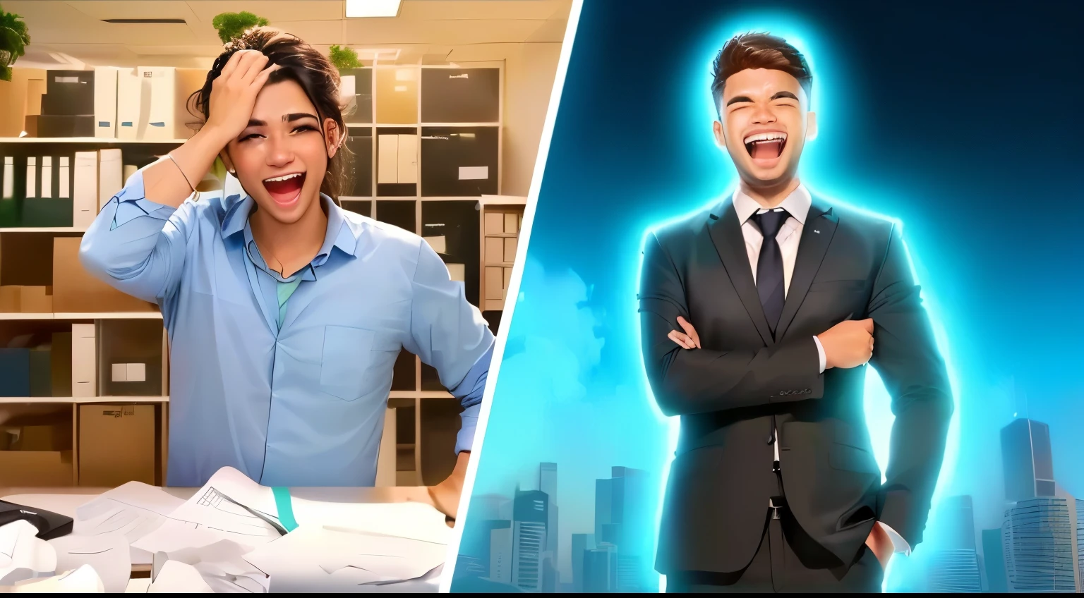 Recrie essa imagem nesse estilo de duas imagens, on the left side the frustrated employee, and right side happy successful employee in suit