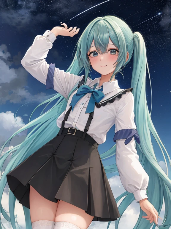 ((mejor calidad)), ((Muy detallado)), Obra maestra, absurdos, cara extremadamente detallada, Hermoso rostro, (ojos detallados, ojos profundos), (1 chica), trance yandere, yandere, manos en la propia cara, manos en sus propias mejillas, boca abierta, sonrisa, (parte superior del cuerpo), Hatsune Miku, pelo aguamarina, ((cabello muy largo)), dos colas, adorno para el pelo, ojos aguamarina, blue nail polish, sonrisa, Auriculares, Camisa blanca, camisa de cuello, camisa sin mangas, hombros descubiertos, mangas separadas, (mangas negras), mangas anchas, corbata aguamarina, mini falda, muslos, zettai ryouiki, (en un cementerio, noche, noche sky, estrellas, luna rota, telescope)