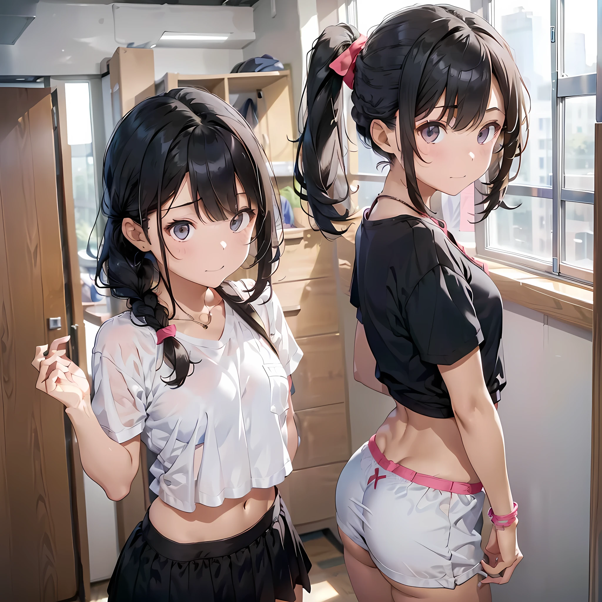 ((three girls are sticking out their big butt boldly)),  ((body shot:1.2)), (School changing room), ((Laughing with your mouth open)), slender, hair band, Headband, hair bobbles, brown hair, blond hair, navel, jewelry, looking at viewer, necklace, long hair, short hair, Abdominal muscles, (Thong:1.4), (big butt), straight hair, bob cut, blunt bangs, silky hair, jet black hair, hair clip, hair band, hair ribbon, one-length haircut, ducktail, outward curled hair, French twist hair, twintails, side ponytail, single braid, wavy hair, bangs pinned back,