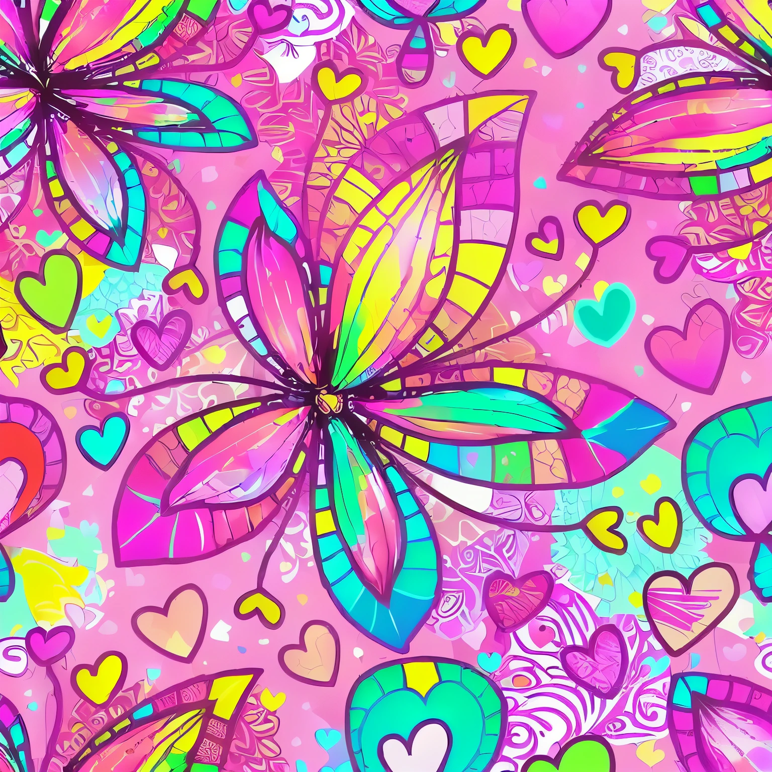 seamless pattern with colorful butterflies and hearts on pink background, colorful doodle art, colorful patterns, colorfully background, background chaotic flowers, detailed patterns pop art, colorful - patterns, large colorful images, neon floral pattern, pink petals fly, whimsical and psychedelic, fantasy flowers and leaves, bright psychedelic colors, colorful illustration, colorfull illustration, vibrant patterns, summer color pattern