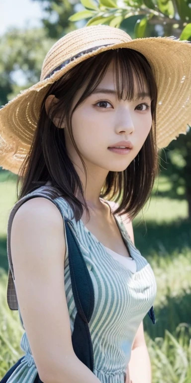 (highest quality,masterpiece:1.3,Ultra-high resolution),(Very detailed,Caustics,8k),(Realistic:1.4,RAW shooting),18-year-old,cute,Japanese,Straw hat,Black hair medium hair,(one piece),(smile),Looking at the camera,blue sky,sun,Backlight,(Top of the Hill),(Tall green grassland:1.1),(Standing in the grassland),(Ground level shot:1.1),(Waist up shot),(Face Focus),(Face close-up),(Low position:1.2),(Low Angle:1.2),Natural light、Huge Breasts
