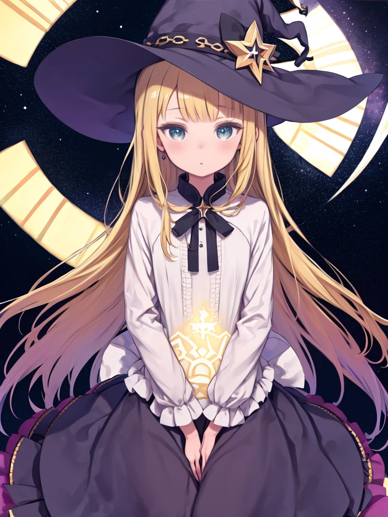 Witch Hatをかぶり、長いブロンドの髪をした女性がstarnullの前に立っている、((masterpiece:1.2, highest quality)), One girl, alone, (Witch Hat), Blonde, Long Hair, dress, Aurora, night, star (null), Mitt, null, White dress, night days