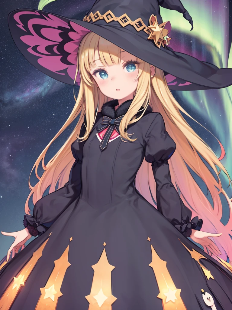 Witch Hatをかぶり、長いブロンドの髪をした女性がstarnullの前に立っている、((masterpiece:1.2, highest quality)), One girl, alone, (Witch Hat), Blonde, Long Hair, dress, Aurora, night, star (null), Mitt, null, White dress, night days