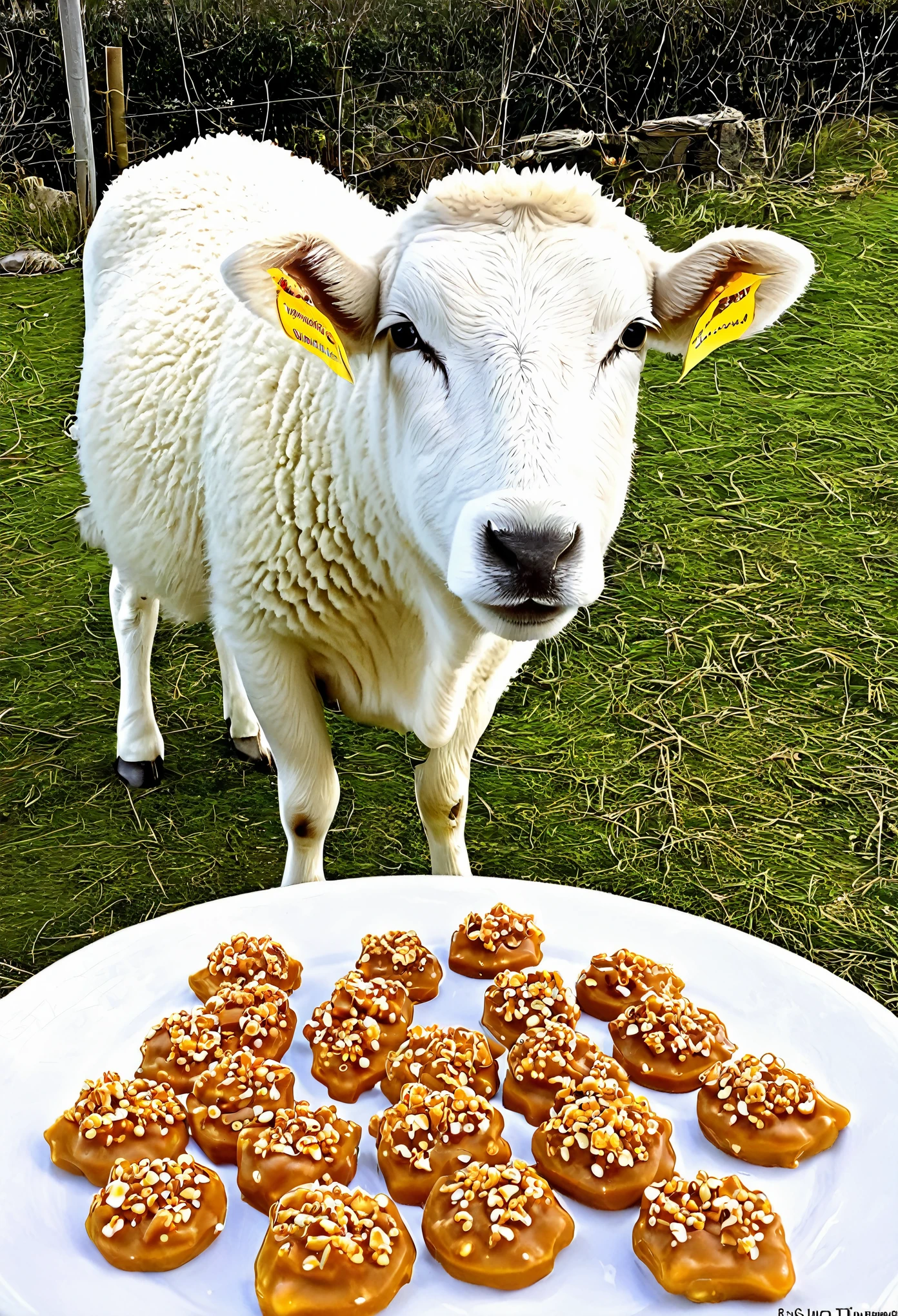 Una oveja tierna comiendo caramelos