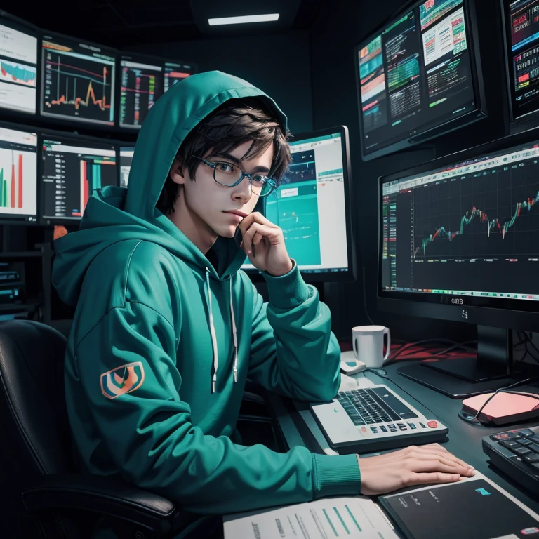 man in bluegreen hoodie tag ashrain sitting in front of a computer with a red keyboard, profile picture 1024px, crazy hacker boy, pokimane, cyberpunk anime boy in hoodie, bitcoin trader , boy wearing hoodie, stocks trading aesthetic, ❤🔥🍄🌪, in front of a computer, bitcoin trader showing charts, amouranth, analytical art, typical cryptocurrency nerd, 🚀🚀🚀, traders, trading, in the background, crypto, displaying stock charts, vivid colors