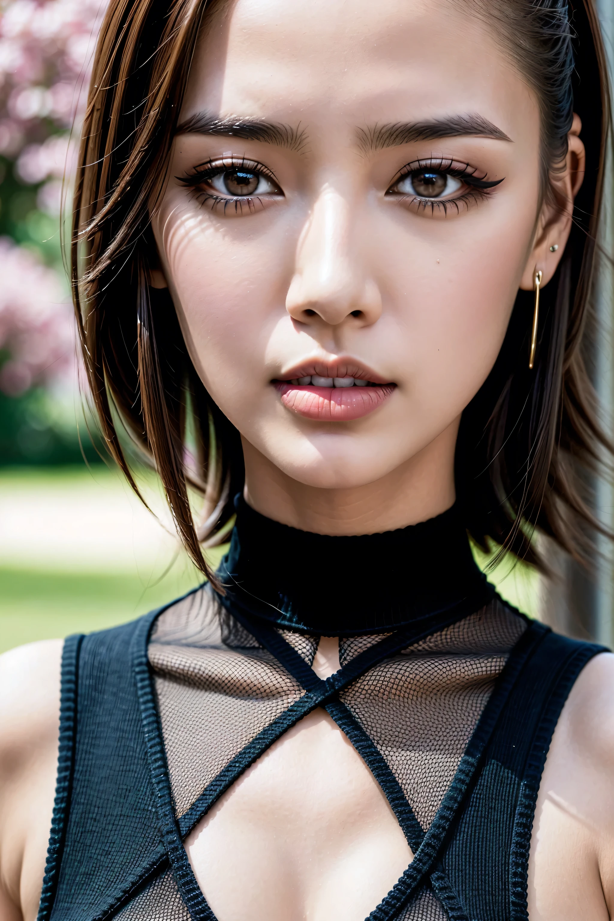 (Insanely detailed sharp-photo:1.1),(1girl:1.35, 20-year-old), hyperRealism, highest resolution, (the most absurd quality),((highest quality realistic texture skin)),((highest quality realistic texture hair)),BREAK,((brown hair, (slicked to the side), Insanely detailed:1.43)), (outside,an orchard of blooming cherry trees:1.3),((perfect proportions)),((anatomically correct)),((firm and full big breasts:1.3)),(the most absurd quality perfect eyes), (super detail beautiful slim and sharp-face), ((light pale complexion)), ((Insanely detailed clear and sharp perfect round realistic brown_eyes)), finely detailed pupils, detailed lips:1.3, (long_blue_eyeliner:1.18), (pink_lipstick:1.4), (perfect dark_eyeshadows:1.35), (Detailed nose:1.2), ((Upper body shot)), ((wearing a tight black knitted mini dress:1.35)),(small head:1.3), (close up of her face), exquisite balance of shadows,perfect composition, ((look at the viewer)), Hasselblad, 85mm f/4.2