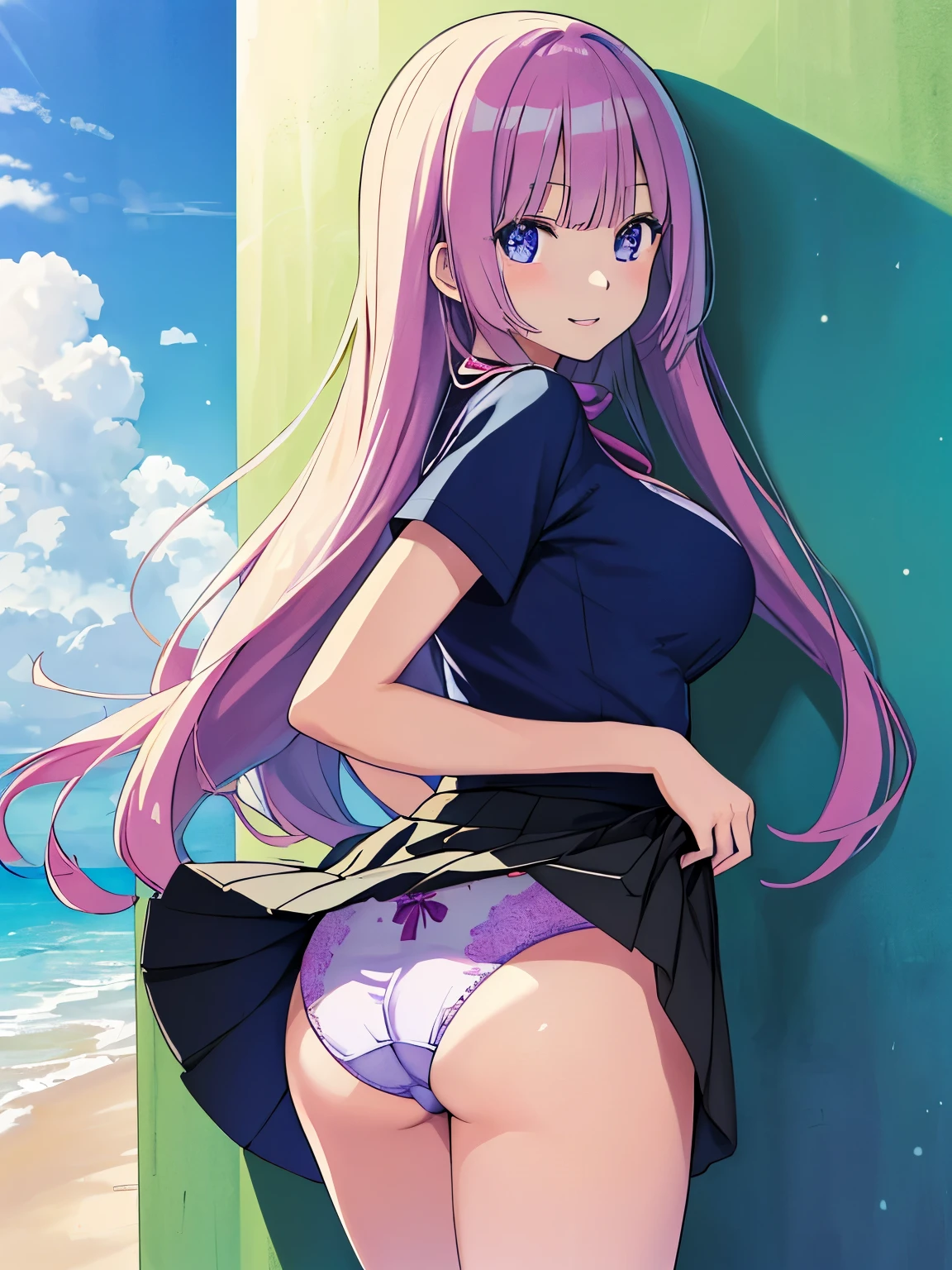 (R Solo:1.3)、(​masterpiece)、((best qualtiy))、((ultra-detailliert))、(a high chroma)、(CG Illustration)、highcontrast、low angles、red blush、(Licory Recoil:1.3)、((Translucent navy blue uniform))、(White accents、Green Tie Ribbon), Pink panties、、(Thick black tights)、(Purple anime-style eyes)、Delicate beautiful face、((teats)) 、(B cup breasts)、The best lighting、((turned around))、((Stick your butt out with your hands on the wall))、 、smiling at you、Anime girl in bikini standing on a beach with palm trees、Wallpaper anime blue water、4k manga wallpaper、anime moe art style、anime!4K、anime!4 k、Fascinating anime girl、4kanime Wallpaper、Ultra HD anime wallpaper、realistic bikini、Kitagawa Masuzu fan art、[4K digital art]!,Ecchi anime style、Anime Girl sitting on the bed with her arms crossed、Anime drawings by Jin Hoshimura、pixivanime moe art style、Cute anime girl、Kitagawa Masuzu fan art、Small curvaceous、Na、animebest girl、 pretty girl、若いAnime Girl、Anime Girl、Anime Girl、Cute anime girl、Anime Girl、ighly detailed、masterpiece、highest quality、Ultra-high resolution energy anime visual A、8K high resolution、photogenic clarity、detailed eyes、Gradation、perfect anatomy body proportions、hard disk、nffsw(English)、Nikon Z9 80mm lenuste piece、Model Standing、Light blue panties made of lace material、White tight t-shirt、White lace material dress(((Please show me all your panties)))、(((The skirt has definitely been worn)))、((lift the hem of your skirt)))、panties focus、too bright natural light、Light of the sun、fine lace panty pattern、normal panties、((while standing、スカートをたくし上げてshow panties to camera)))、((((Beautiful alignment and white teeth)))、((((Lift up your skirt big、big、show panties to camera)))、Ultra-slim body、big breasts、Slender model body shape、beautiful posture、 in the subway、very high definition、masterpiece、highest quality、Ultra High Resolution A、8K high definition、photogenic clarity、detailed eyes、Gradation、perfect anatomical body proportions、hard disk、NFFSW (English) (English) (English) (English) (Englis