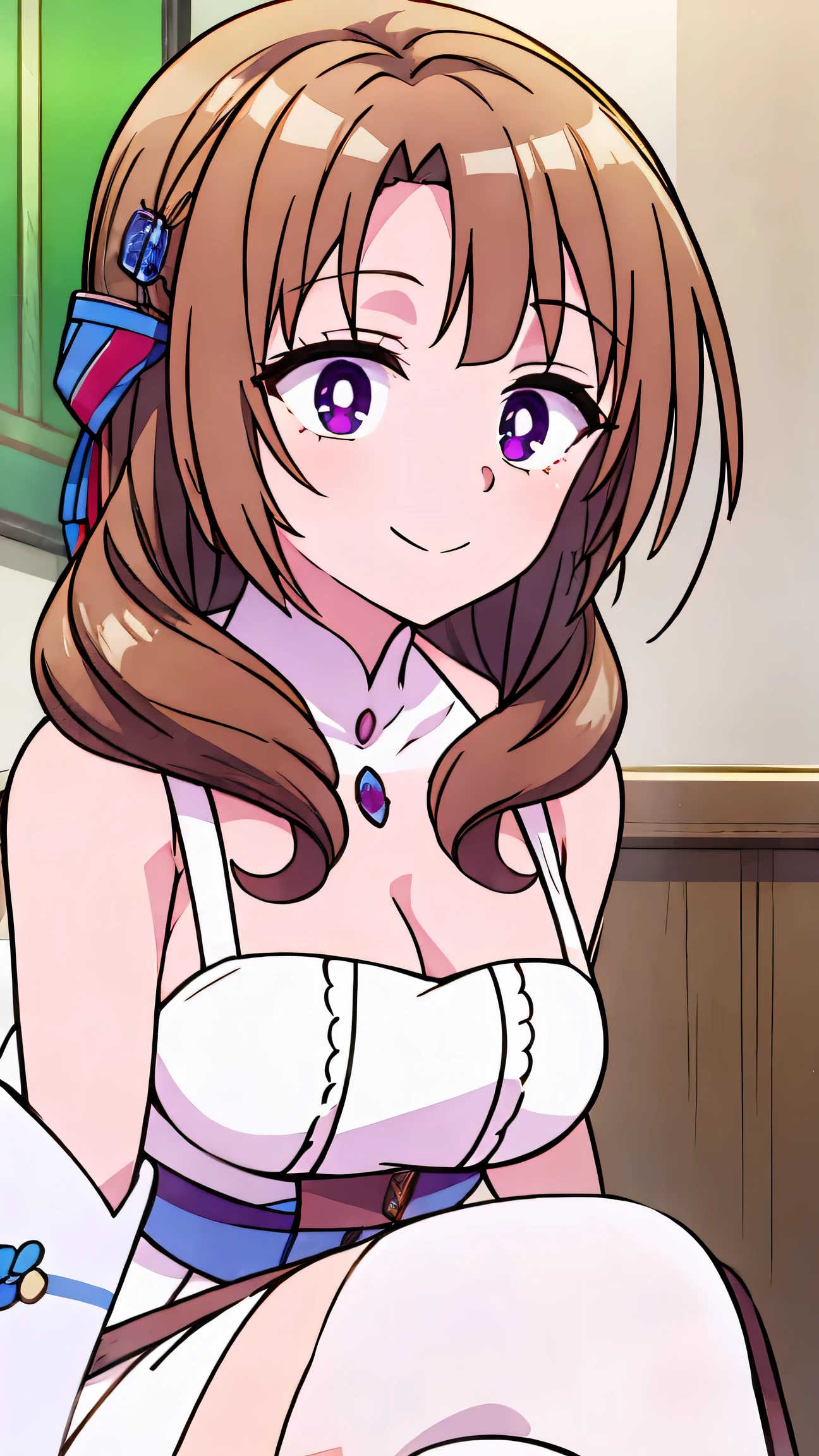 High quality, masterpiece, mamako_oosuki, long hair, brown hair, purple eyes, mature female, large breasts, bright pupils, ribbon, white gloves, white dress, cleavage, showing the legs, thighs, smile, eyes detailed, BREAK