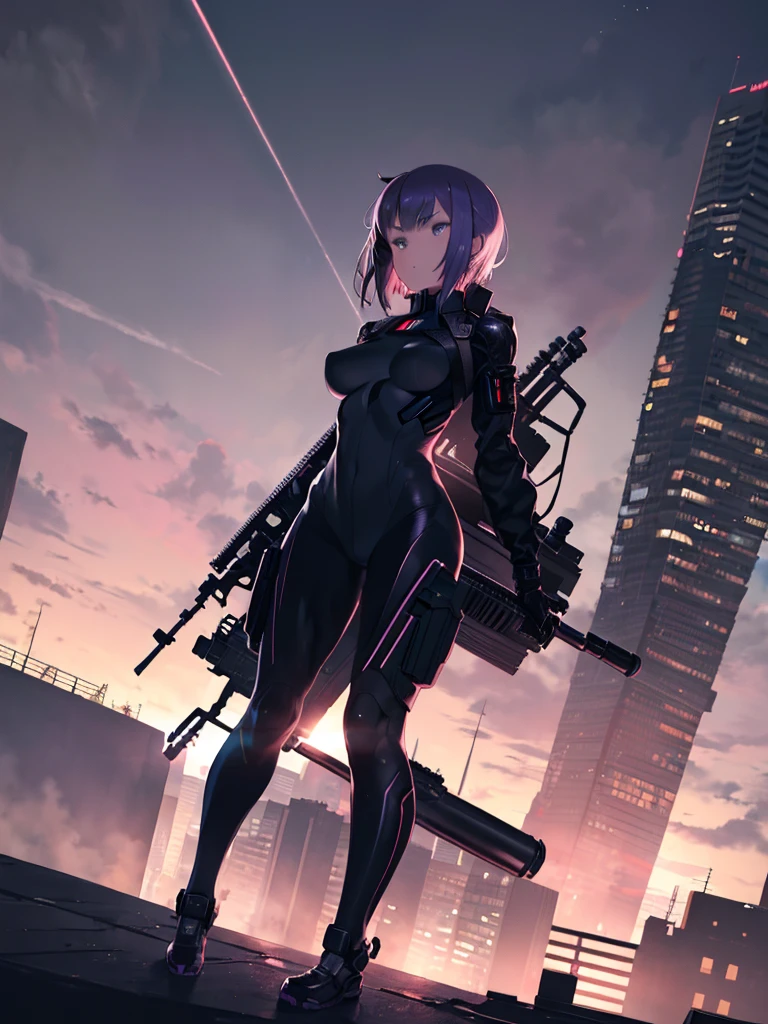 Anime girl with a gun standing on a rooftop looking down on the city、(Mast Piece:1.2,highest quality,Ultra-detailed,Powerful backlight:1.3,silhouette:1.45),, , //character, 1 Solo Female Mercenary,Ghost in the Shell Motoko Kusanagi,One eye is glowing red:1.2,Facial expression Murderous eyes,Overlooking the city.Black Leather Tight Suit:1.2, Hand holding a huge anti-tank rifle (Winchester Williams .50),Standing pose,(Looking up angle:1.35), , //background, Building rooftop at night:1.2,,8k,Unreal Engine 5.Unity.Octanellender