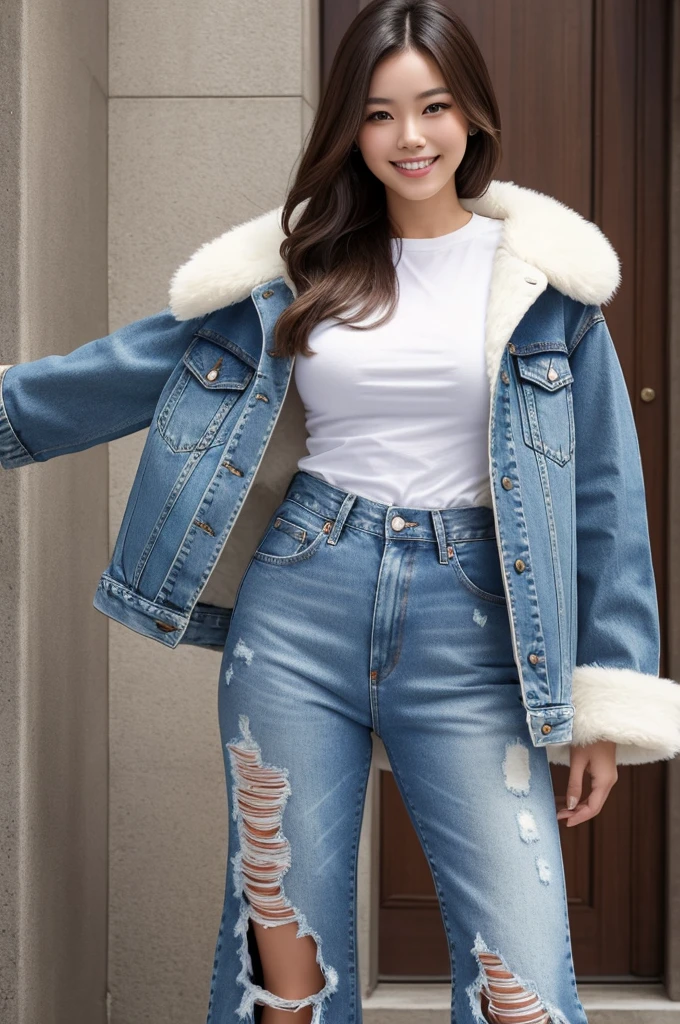 1woman, solo, Beautiful, Asian, brunette, brown hair, wearing denim blue jeans, white high heels, big white fur coat, white cut off t shirt, big breasts, no nudity, fashion photo, portrait, standing pose, perfect face and smile, perfect teeth