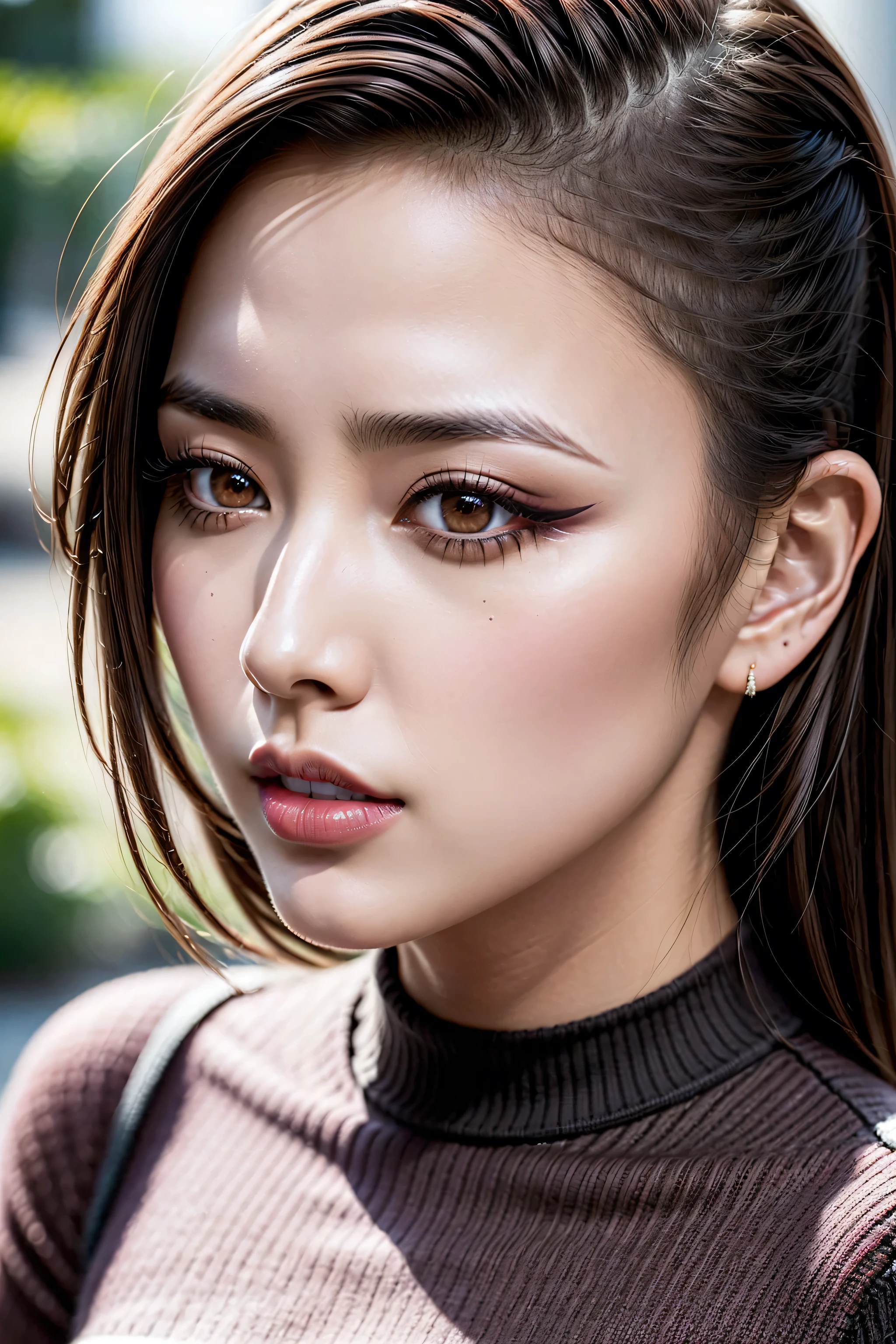 ((Extremely detailed sharp-photo:1.2)),(1girl:1.35, 20-year-old), hyperRealism, highest resolution, (the most absurd quality),((highest quality realistic texture skin)),((highest quality realistic texture hair)),BREAK,((brown hair, (slicked to the side), Insanely detailed:1.5)), (outside,an orchard of blooming cherry trees:1.3),((perfect proportions)),((anatomically correct)),((firm and full big breasts:1.3)),(the most absurd quality perfect eyes), (super detail beautiful slim and sharp-face), ((light pale complexion)), ((Insanely detail clear and sharp perfect round realistic brown_eyes)), finely detailed pupils, detailed lips:1.3, (long_blue_eyeliner:1.18), (pink_lipstick:1.4), (perfect dark_eyeshadows:1.35), (Detailed nose:1.2), ((Upper body shot)), ((wearing a tight black knitted mini dress:1.35)),(small head:1.3), (close up of her face), exquisite balance of shadows,perfect composition, ((look at the viewer)), Hasselblad, 85mm f/4.2