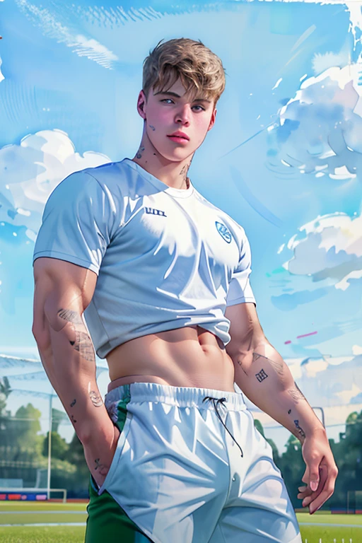 Watercolor, Justin Bieber, Draw a full-fledged athlete Justin Bieber ,Stand on the central field of the gym,He wears high-end sportswear,The man looks confident and determined,looking-down,Crew cut,full bodyesbian,shooting from below,