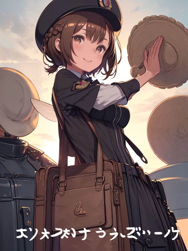 Woman in uniform holding wallet and handbag、(Brown Hair:1.2),(Braided Short Hair:1.2),(Braided Pigtails:1.2),(With bangs),(Brown eyes:1.25),blush,(eyes are shining brightly:1.2),(Eye size:1.7),(Steampunk place:1.15),(Antique decoration:1.1),(Soft Image),(Fairy Wings:1.1),(Wave your hands loudly、Walk cheerfully:1.1),(Clothes with a voluminous silhouette like a delivery man:1.4),(The color of the clothes is pink, white, Yellow-green.),(A kind smile),(Big Breasts:1.15),(Postman-like hat:1.25),(Boston bag filled with letters:1.2),(Pouch Bag:1.2),