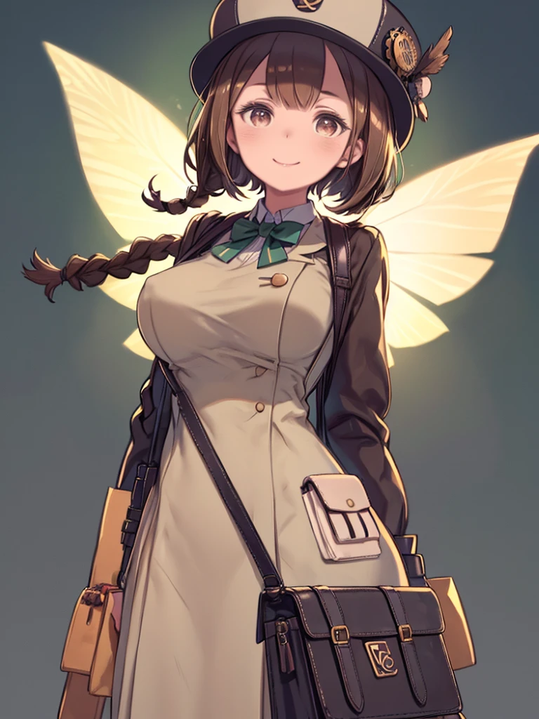 Woman in uniform holding wallet and handbag、(Brown Hair:1.2),(Braided Short Hair:1.2),(Braided Pigtails:1.2),(With bangs),(Brown eyes:1.25),blush,(eyes are shining brightly:1.2),(Eye size:1.7),(Steampunk place:1.15),(Antique decoration:1.1),(Soft Image),(Fairy Wings:1.1),(Wave your hands loudly、Walk cheerfully:1.1),(Clothes with a voluminous silhouette like a delivery man:1.4),(The color of the clothes is pink, white, Yellow-green.),(A kind smile),(Big Breasts:1.15),(Postman-like hat:1.25),(Boston bag filled with letters:1.2),(Pouch Bag:1.2),