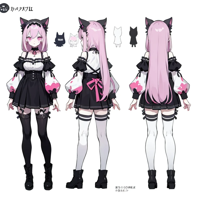 (masterpiece, best quality) detailed, girl, drawing reference, reference, lineart, sketch, female, wide hips, big , goth, spooky, cute, kawaii, cat girl, galaxy, pale skin, white, black, purple, blue, pink, choker, thigh highs, attractive, glow, long hair, boots, paint,artist (character design sheet, same character, front, side,  back)