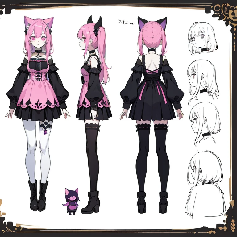 (masterpiece, best quality) detailed, girl, drawing reference, reference, lineart, sketch, female, wide hips, big , goth, spooky, cute, kawaii, cat girl, galaxy, pale skin, white, black, purple, blue, pink, choker, thigh highs, attractive, glow, long hair, boots, paint,artist (character design sheet, same character, front, side,  back)