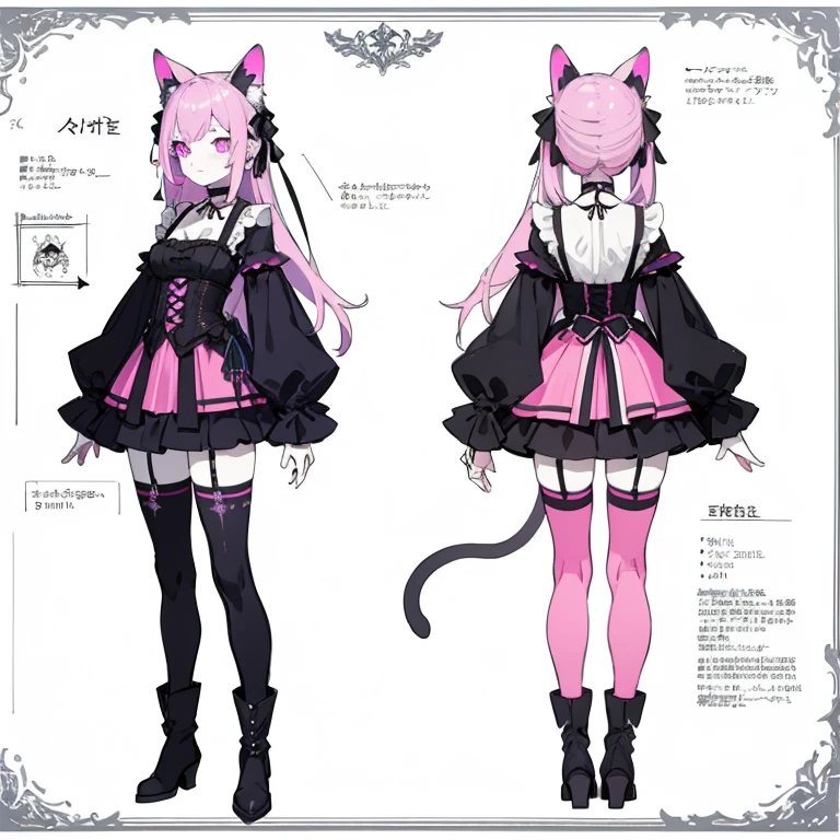 (masterpiece, best quality) detailed, girl, drawing reference, reference, lineart, sketch, female, wide hips, big , goth, spooky, cute, kawaii, cat girl, galaxy, pale skin, white, black, purple, blue, pink, choker, thigh highs, attractive, glow, long hair, boots, paint,artist (character design sheet, same character, front, side,  back)