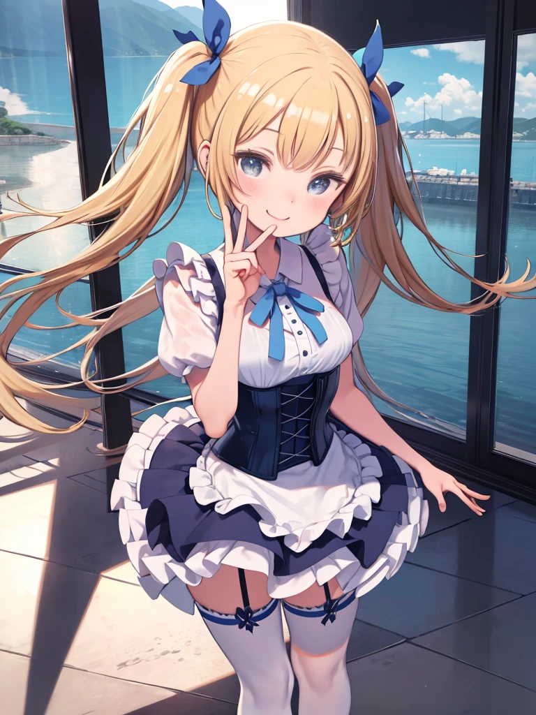 masterpiece、highest quality、High resolution、Very detailed、Close-up、Medium wide shot、Girl standing、Crossing legs、Long blonde、Twin tails、smile、Blue bikini swimsuit、Blue ribbon、Corset skirt、Apron dress、Blue and white striped stockings、garter belt、loafers、Short sleeve、peace sign、smile、