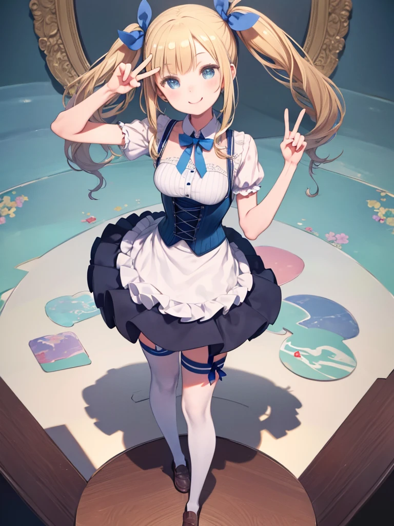 masterpiece、highest quality、High resolution、Very detailed、Close-up、Medium wide shot、Girl standing、Crossing legs、Long blonde、Twin tails、smile、Blue bikini swimsuit、Blue ribbon、Corset skirt、Apron dress、Blue and white striped stockings、garter belt、loafers、Short sleeve、peace sign、smile、