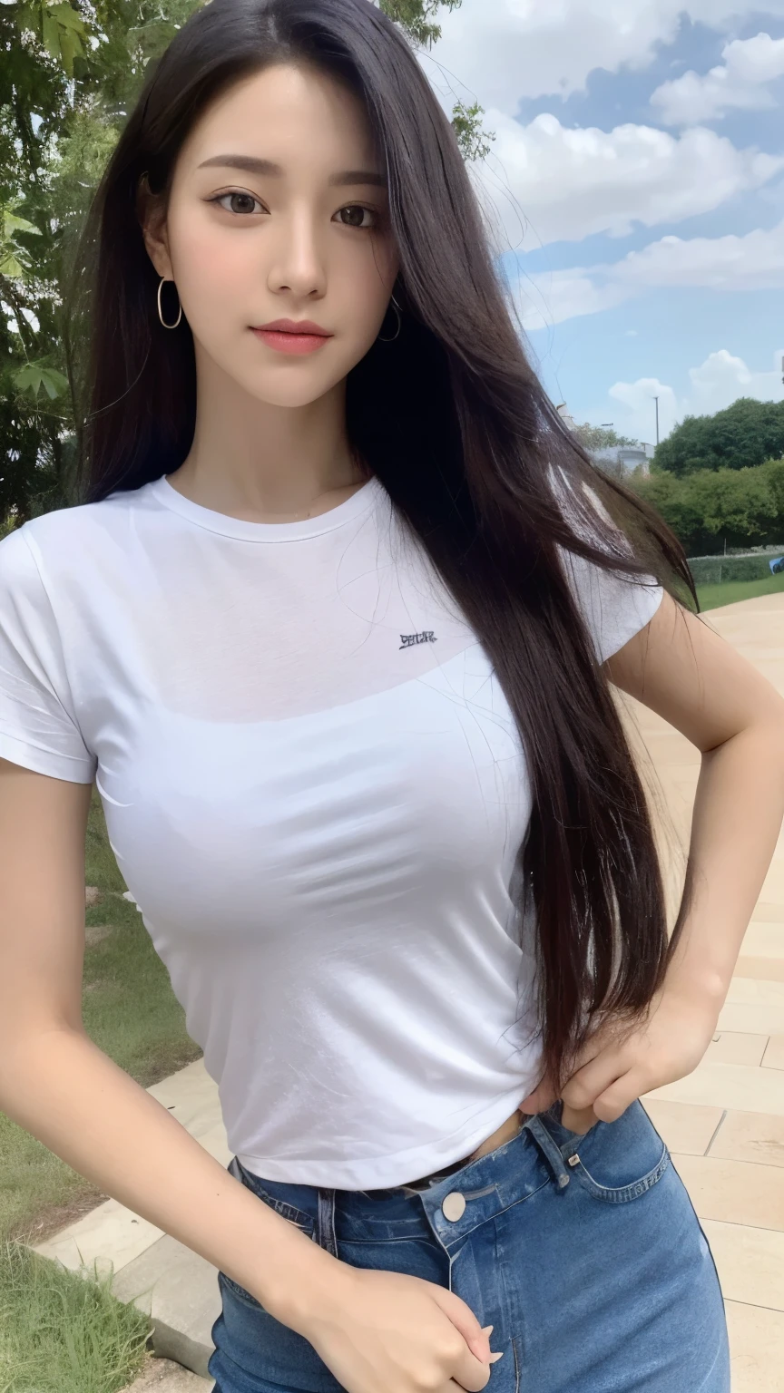 (natural, high resolution:1.3), 1 chica con un cuerpo perfecto, Super fine face and eyes.,pelo largo, Camiseta sin mangas de colores aleatorios.:1.2, Jeans cortos, tetas grandes,exponer escote