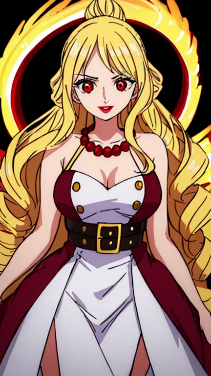 Beautiful anime girl, solo, 1girl, looking at viewer, cute, beautiful, red eyes, long hair, open hair, blonde hair, braided hair, strawhat, one piece, smiling, smooth skin, light skin, red lips, anime, best quality, masterpiece, extremely detailed, 4k, red eyes, beautiful red eyes, detailed face, detailed eyes, golden belt, golden necklace, golden earings, standing, extremely beautiful, highres, high quality eyes, hair covering one eye,  wanostyle, ((masterpiece)), (best quality), (extremely detailed), depth of field, sketch, dark intense shadows, sharp focus, soft lighting, hdr, colorful, good composition, spectacular, anime screencap, (Highest quality illustrations:1.2), (Kawaii Girl:1.1), (1girl in, solo:1.5), One pose、Neat and clean image、ultradetailed eyes:1.2), ((red-eyed、Blonde hair:1.5))、hair wavy、curlyhair, hair wavy、BREAK(top-quality、ultra-detailliert、highly detailed and beautiful、超A high resolution、Detailed arm:1.2)、a closeup、bustup, Wink, normal sized breasts, ocean beach background, pirate, high quality jewelry, full body, thin body, black top, open pirate coat, black skirt,