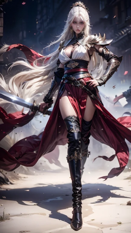 ,1 Giant breasts，Hold the hilt of the sword，片Sword in hand，Long sword，Sword without sheath，Sword in hand，Hanfu，Knee-high boots，Fingerless gloves，Floralitz，petal，White Hair，1 Giant breasts，Fingerless gloves，Floral，solo，arms，White Hair，High detail，Surreal Realism，Verism，（（Bust photo）），（Real Photography：1.4），（Light and dark contrast），Cinema Lighting，Realistic special effects，C4D Rendering，Rendering with Octane，Ray Tracing，Panoramic View，viewing angle，Textured Skin，Super Detail，Hyper HD，masterpiece，Anatomically correct，highest quality，High resolution，8k