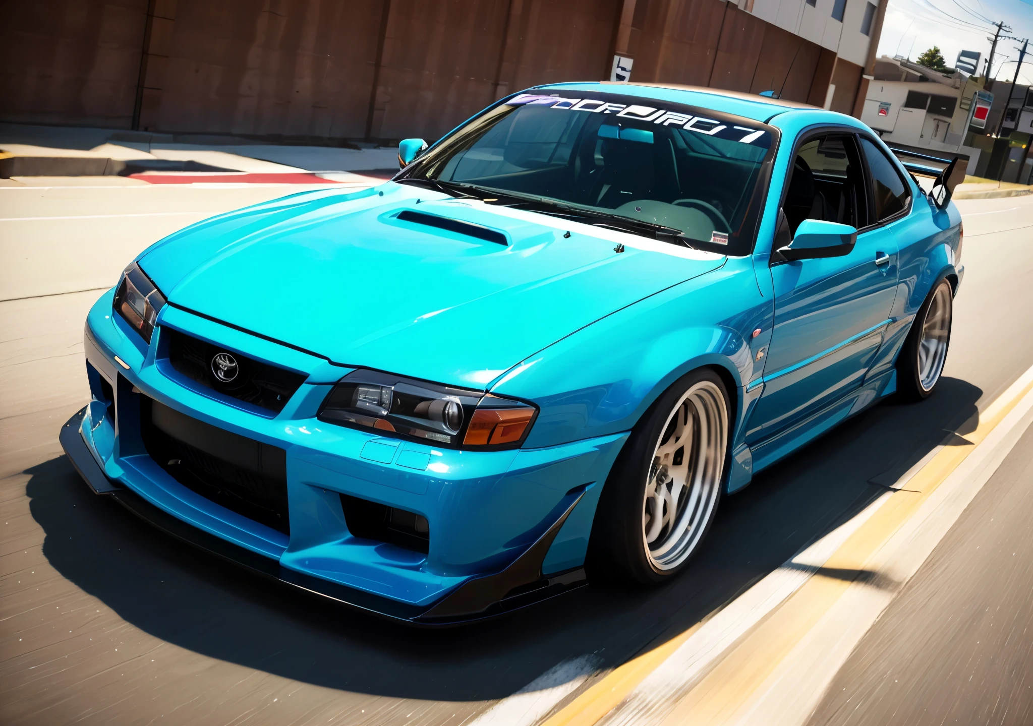 arafed blue car driving down a street with a red light, japanese drift car, toyota jzx 1 0 0 drift, wide body, in a modified japanese car, drifting around a corner, fine tuned, jdm, tunning, modded, kodakchrome : : 8 k, old school fpr, car drifting, realistic cars, drifting