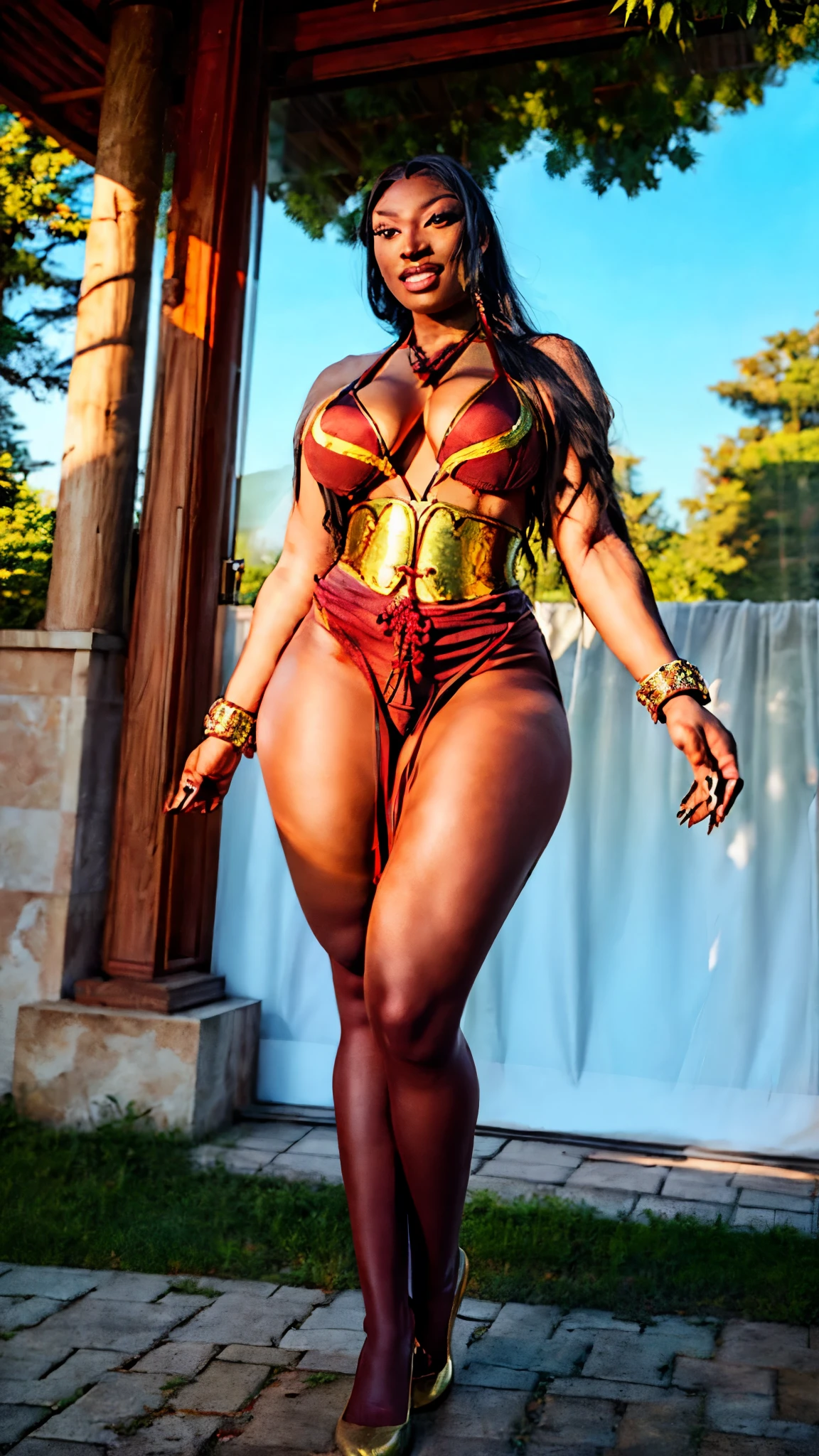 chunli, Megan thee stallion, double bun, ribbons, china dress, gold-trim, bracelets, leggings, looking at viewer, serious, smiling, standing, outside, park, grass, trees, winter, blue sky, high quality, masterpiece,  thick thighs, curvy hips, Large breasts 