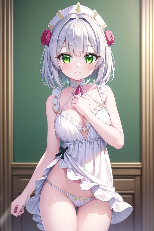 genshinNoel, Noel, Braiding, flower, hair flower, hair ornaments, short hair, Silver Hair, (Green Eyes:1.5),Big smile、Young and beautiful girl、
,A dress with no pants、
break looking at viewer, (Cowboy Shot:1.5),
break (masterpiece:1.2), highest quality, High resolution, unity 8k wallpaper, (shape:0.8), (Beautiful details:1.6), Highly detailed face, Perfect lighting, Extremely detailed CG, (Perfect hands, Perfect Anatomy),