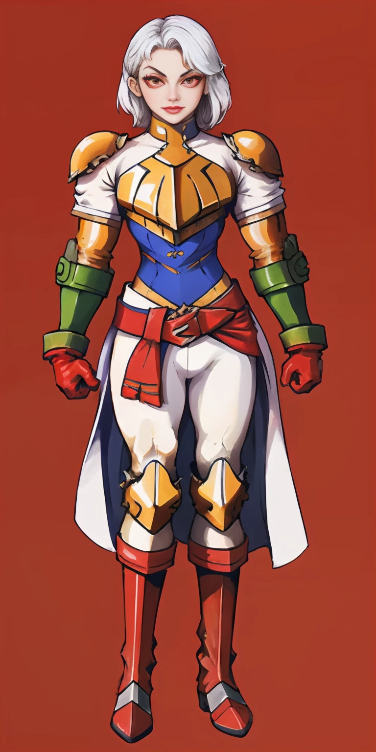 (1girlsolo, 1MILF, mmplatz, smile, red cheeks, plain background:1.2) perfect face, perfect lighting, mature whsororitas with gloves red gauntlets in her hands like Cammy White from Street Fighter, bob white hair, warhammer 40k power armor suit with loincloth, red eyes like rubies, full body RED armor, view from below, looking to the viewer, arms to the sides empty hands, RED military boots, silver skull ornament attached to crossing 2 belt wide hips, 2 long legs