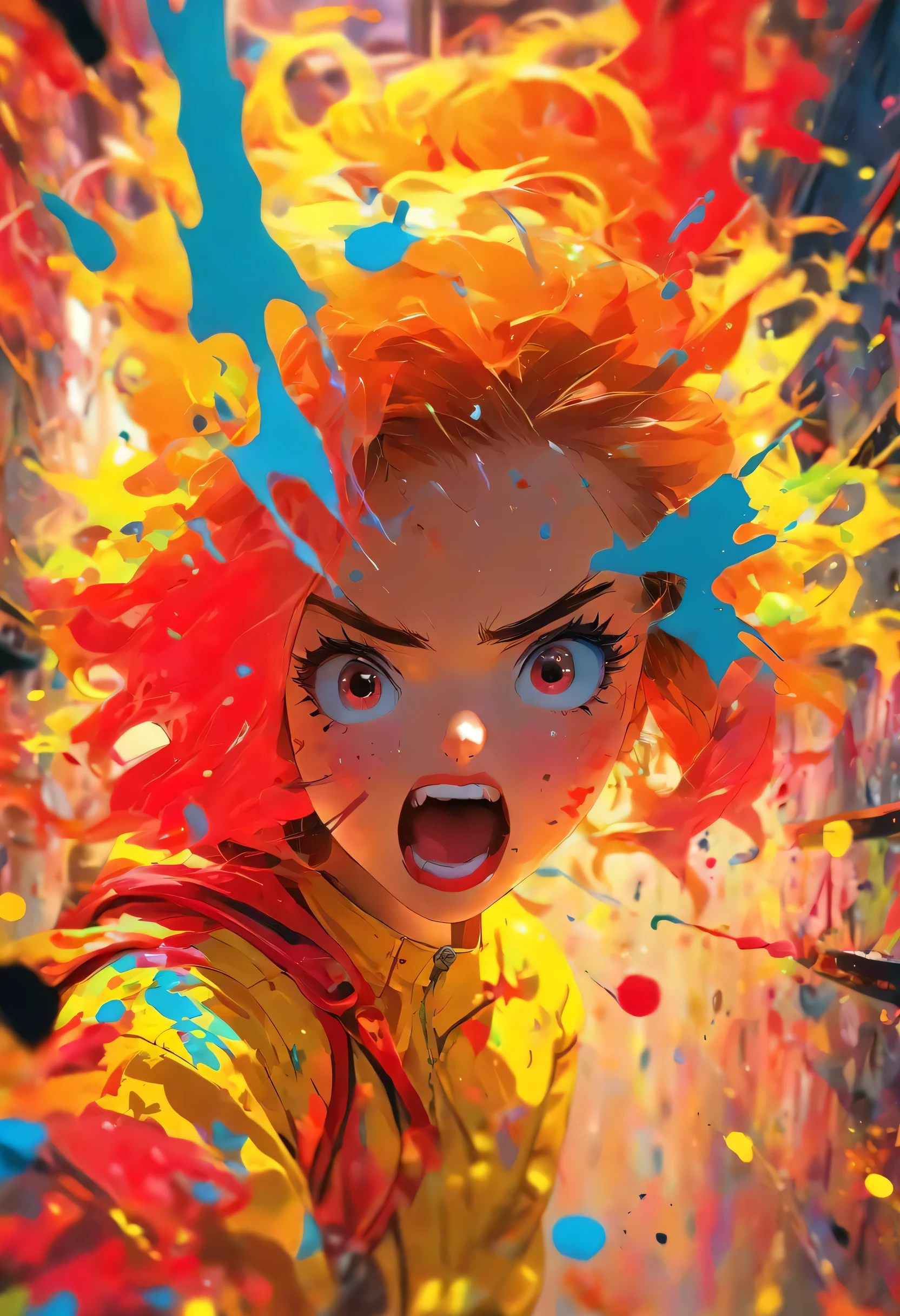 (realistic,photorealistic:1.37),(best quality,4k,8k,highres,masterpiece:1.2),ultra-detailed,portrait,sharp focus,A girl with vibrant red hair dressed in a yellow raincoat stands in a splatter paint-filled room, surrounded by colorful splatters covering the walls and floor. Her eyes are bright and expressive, reflecting the chaotic yet vibrant environment. Her lips are painted with a bold red shade, contrasting with her pastel-colored surroundings. The room is filled with an explosion of colors, with splatters of various sizes and hues covering every surface. The lighting in the room is dynamic, casting shadows and highlighting the textures of the splatter paint. The overall color tone leans towards warm and energetic, with pops of bright and saturated colors. The vivid colors and detailed brushstrokes give the image a realistic and lifelike quality, as if it were created with traditional oil painting techniques. The portrait captures a sense of intrigue and playfulness, with the girl confidently standing amidst the vibrant chaos.